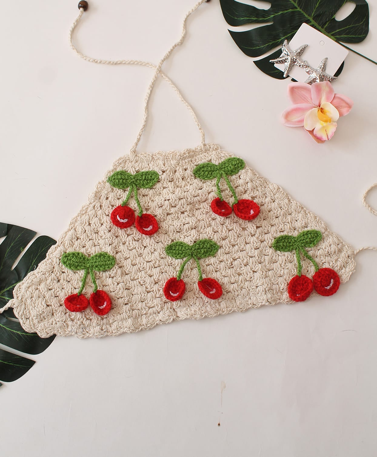 Woonie Cotton Hand Knitted Sleeveless Cherries Applique Detailed Halter Neck Crochet Top - Off White-image-41