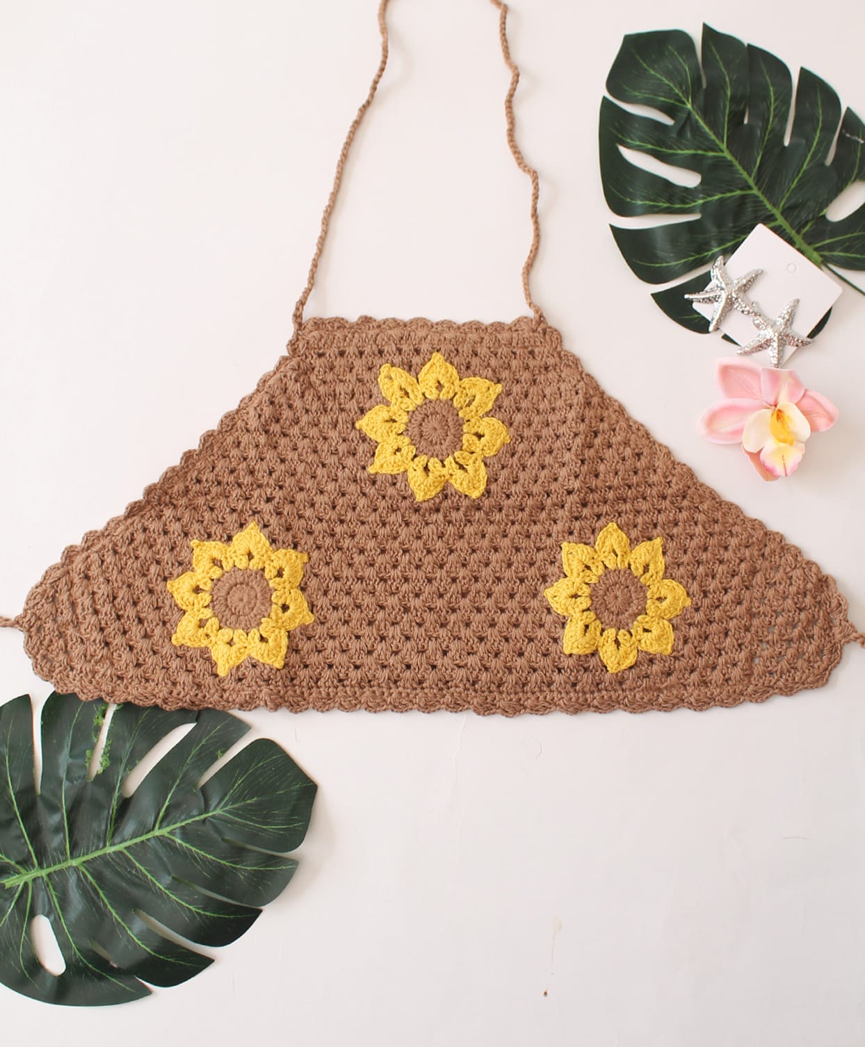 Woonie Cotton Hand Knitted Sleeveless Sunflower Designed Top - Beige-image-25
