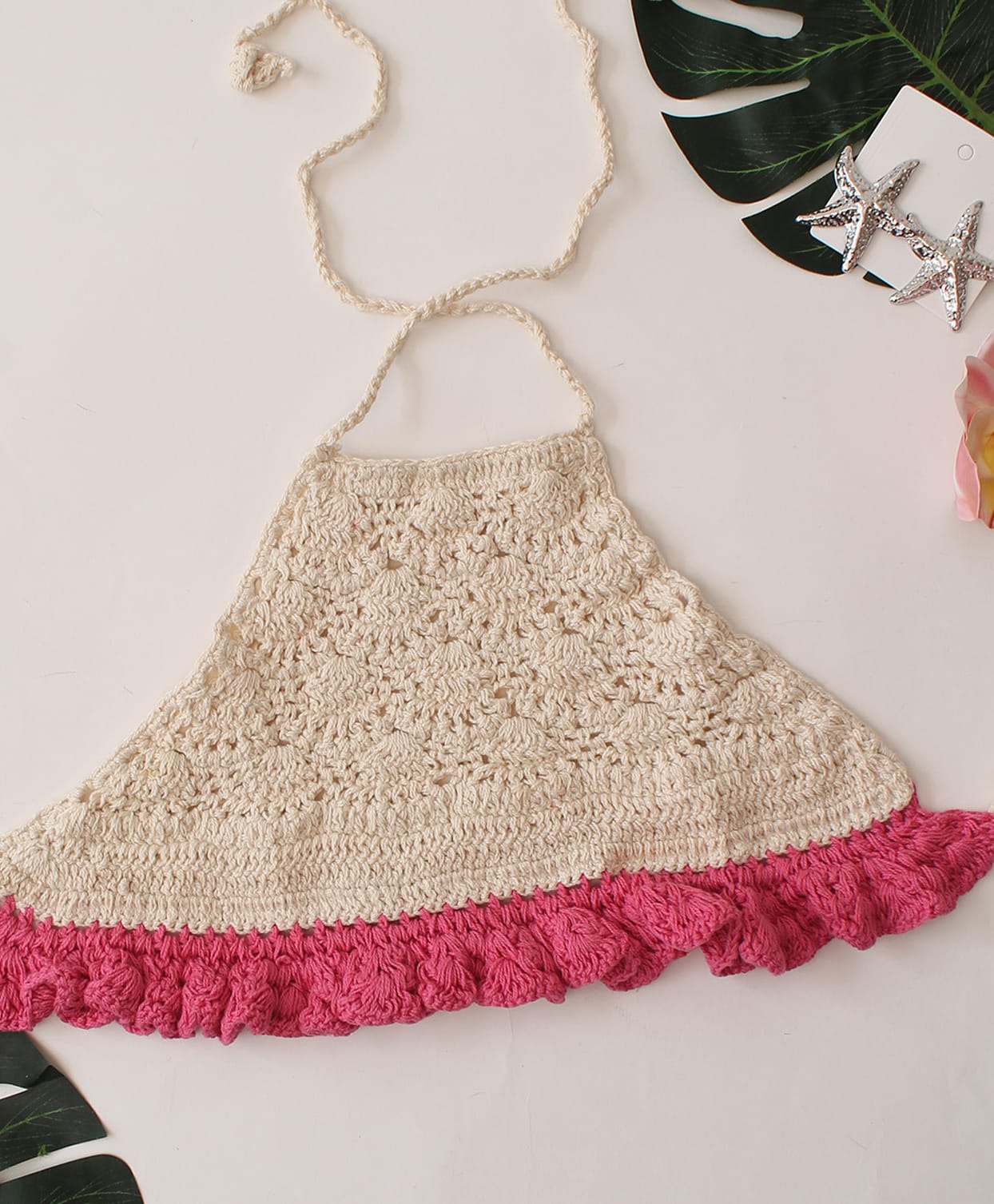 Woonie Cotton Hand Knitted Sleeveless Self Designed Colour Blocked Top - Off White-picture-10