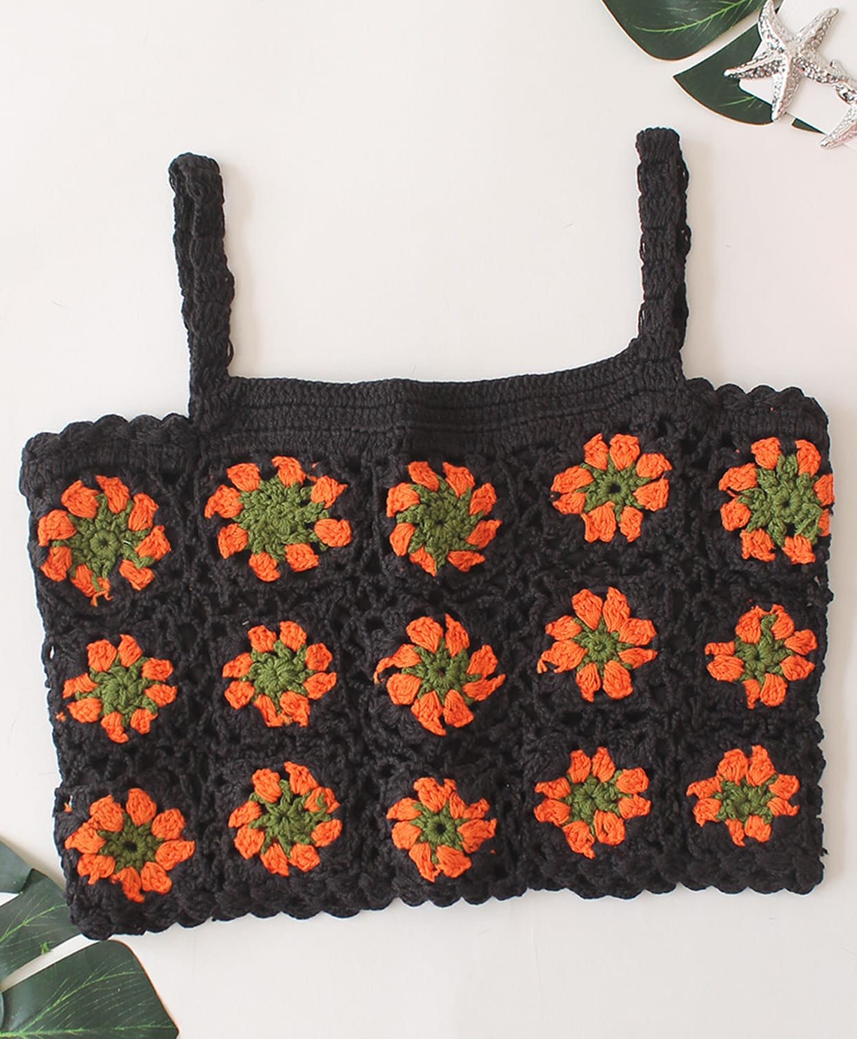 Woonie Cotton Hand Knitted Sleeveless Floral Designed Top - Black-picture-28