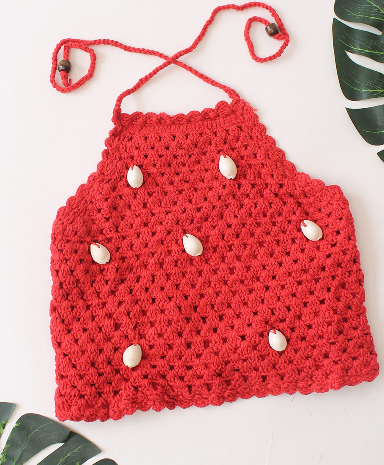 Woonie Cotton Hand Knitted Sleeveless Cowrie Shell Embellished Top - Red-picture-28