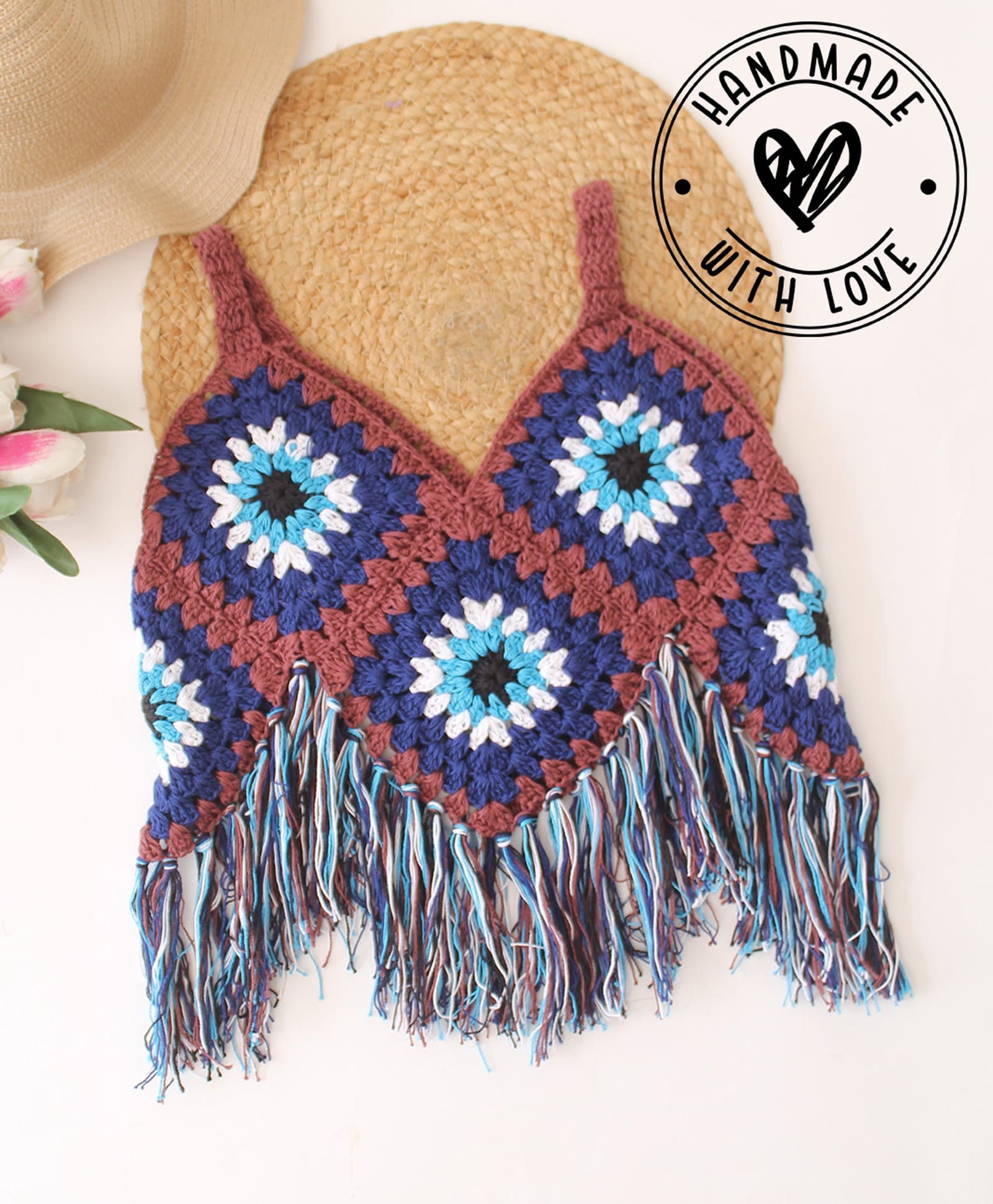 Woonie Cotton Hand Knitted Sleeveless Geometric Designed Crochet Crop Top - Blue-picture-25