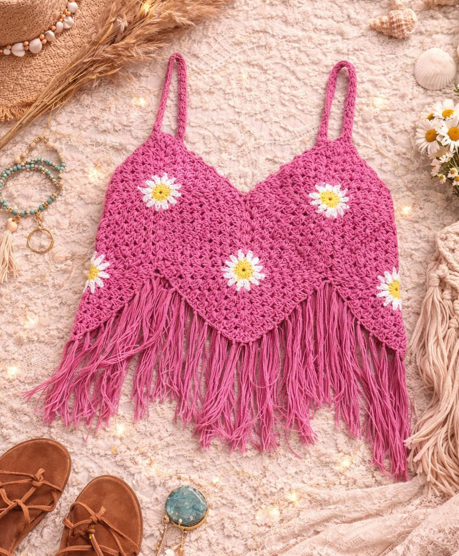 Woonie Cotton Hand Knitted Sleeveless Floral Designed Crochet Crop Top - Pink-picture-13