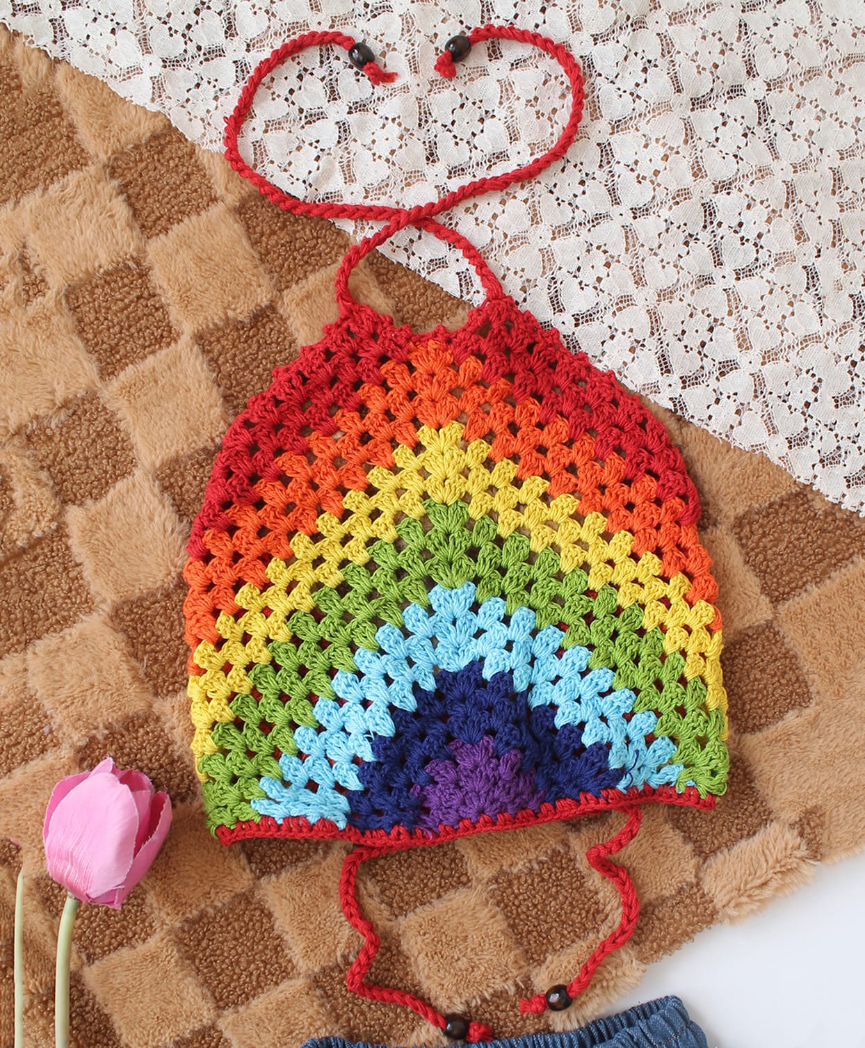 Woonie Cotton Hand Knitted Sleeveless Colour Blocked Crochet Top - Multi Colour-image-7