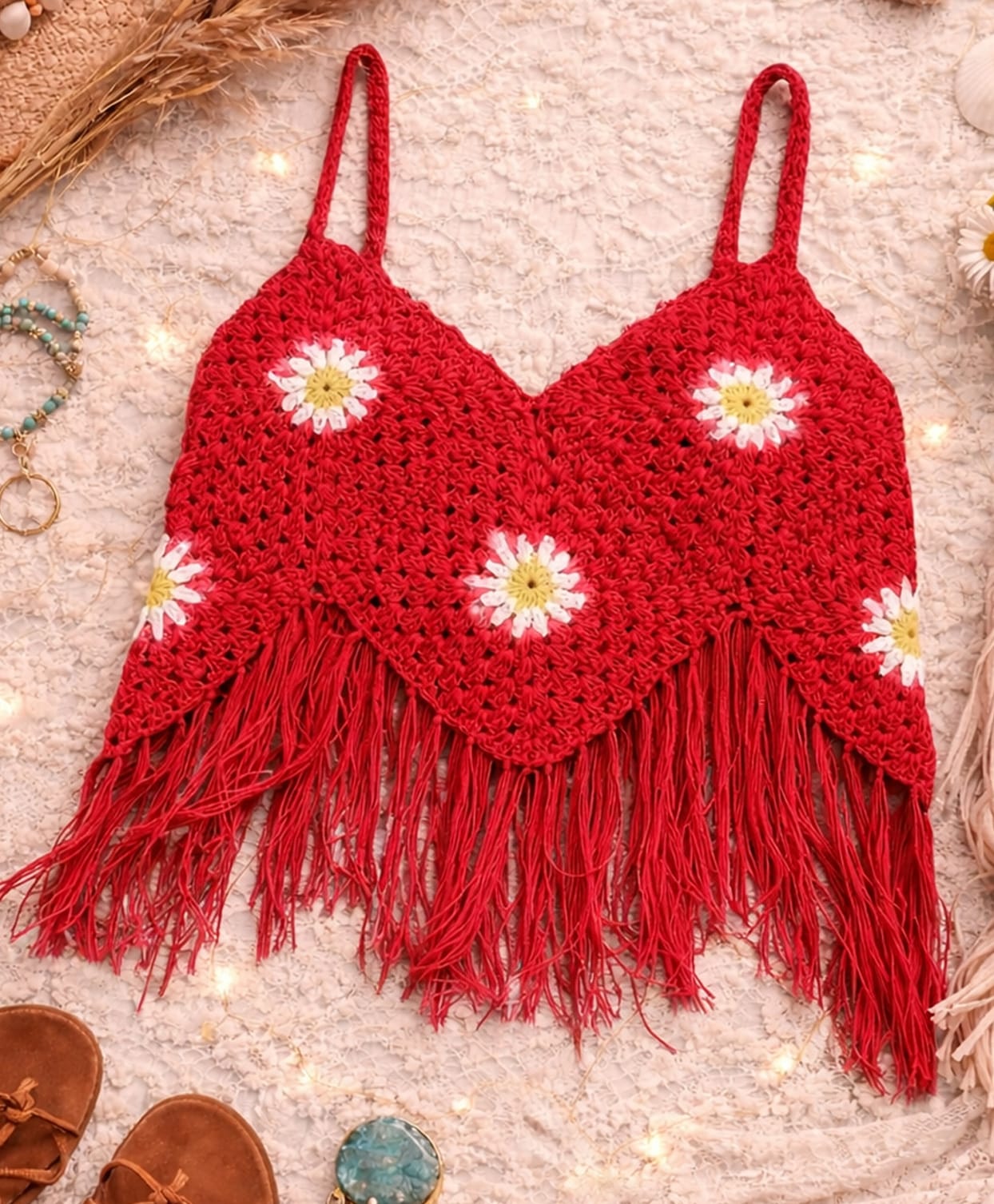 Woonie Cotton Hand Knitted Sleeveless Floral Designed Top - Red-picture-15