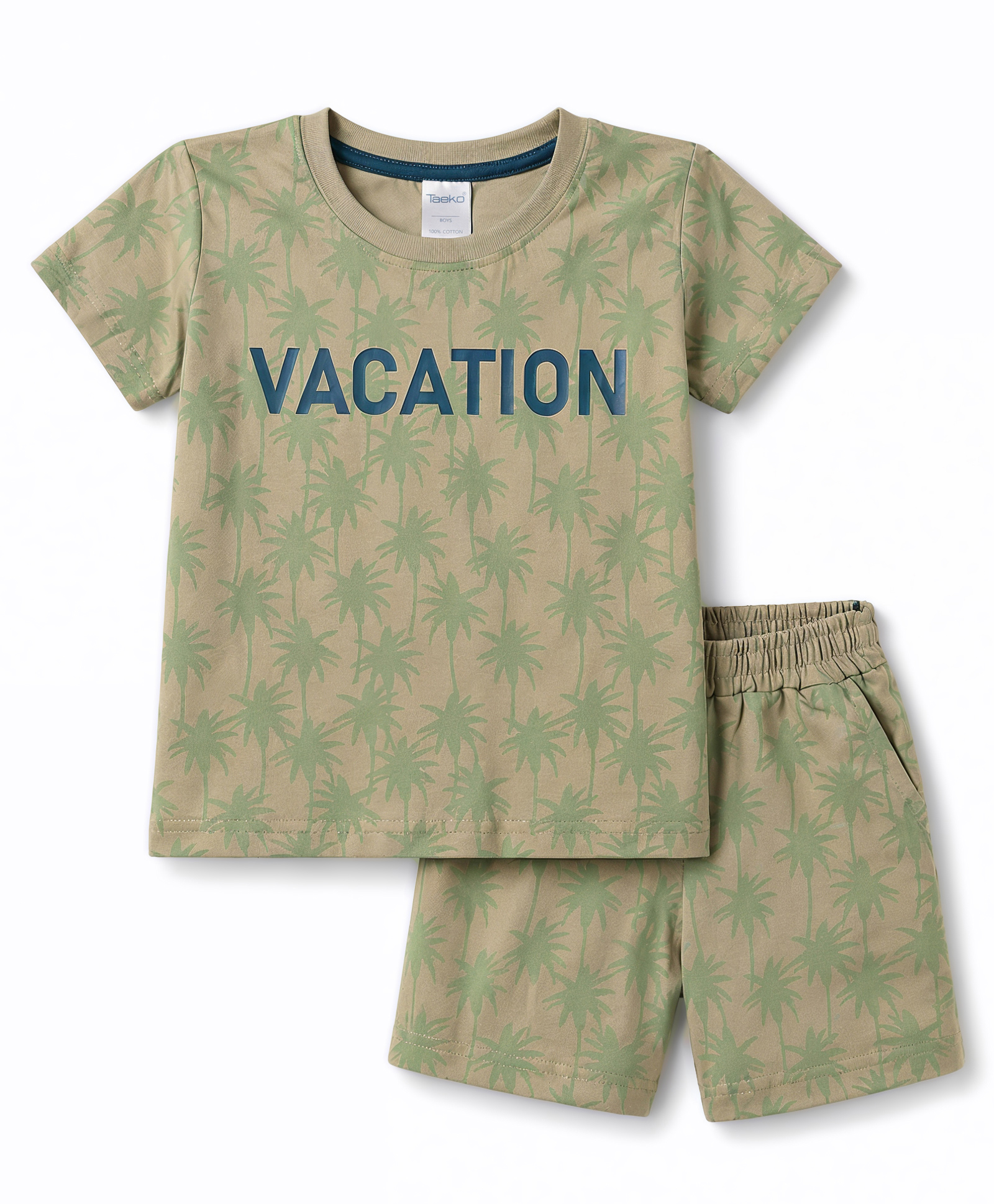 Taeko Single Jersey Knit Half Sleeves Beach Theme Printed T-Shirt & Shorts Set - Olive Green-picture-40