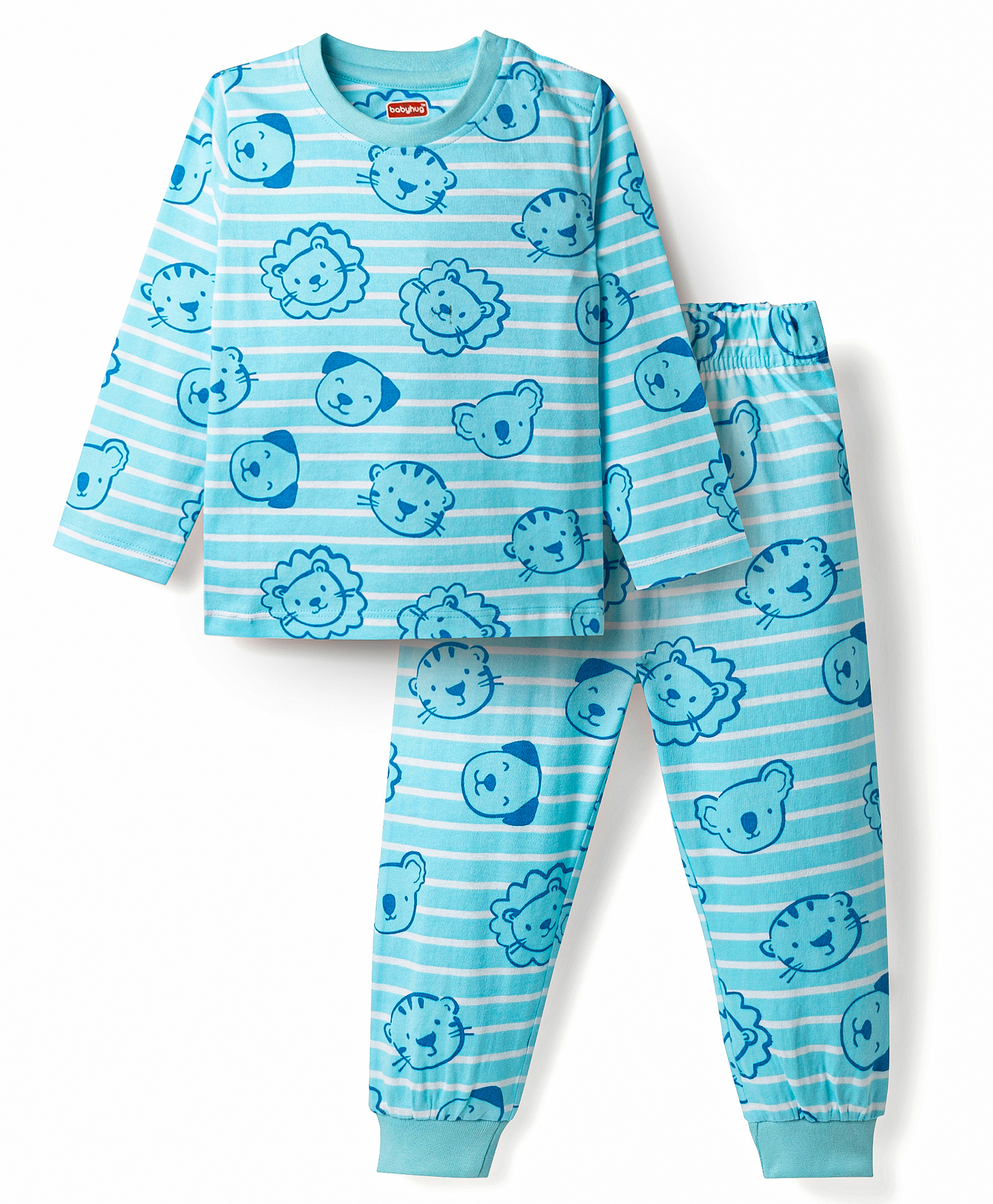Babyhug Cotton Knit Full Sleeves T-Shirt & Pyjama Co-Ord Striped Night Suit With Animal Print - Blue-image-29