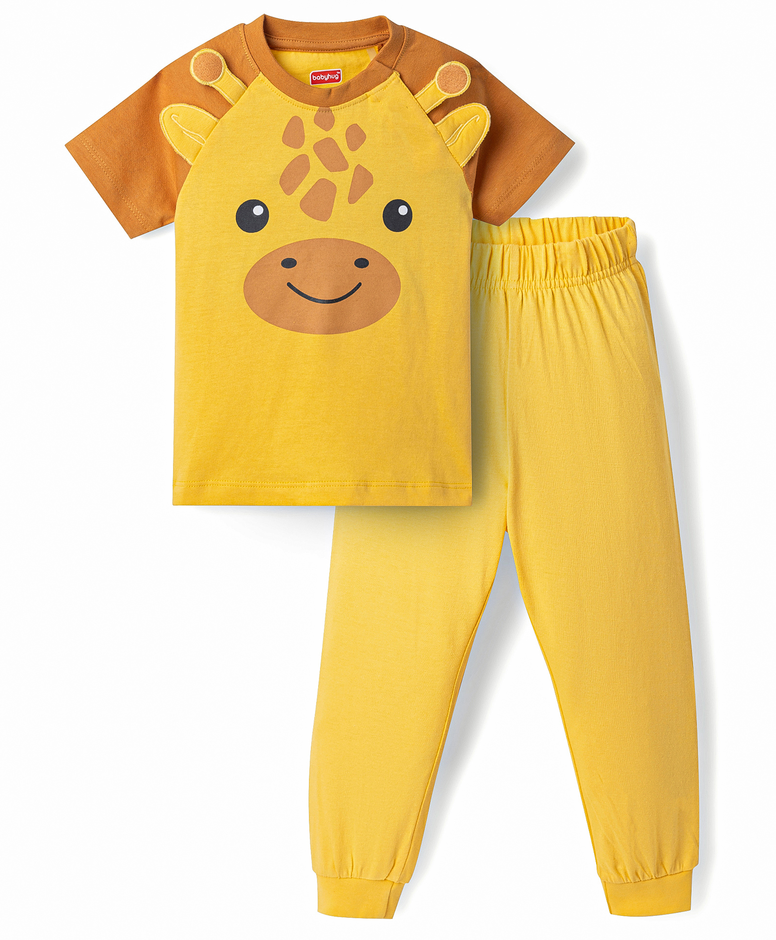 Babyhug Cotton Knit Half Raglan Sleeves Giraffe Printed T-Shirt & Pyjama Night Suit - Yellow-image-30