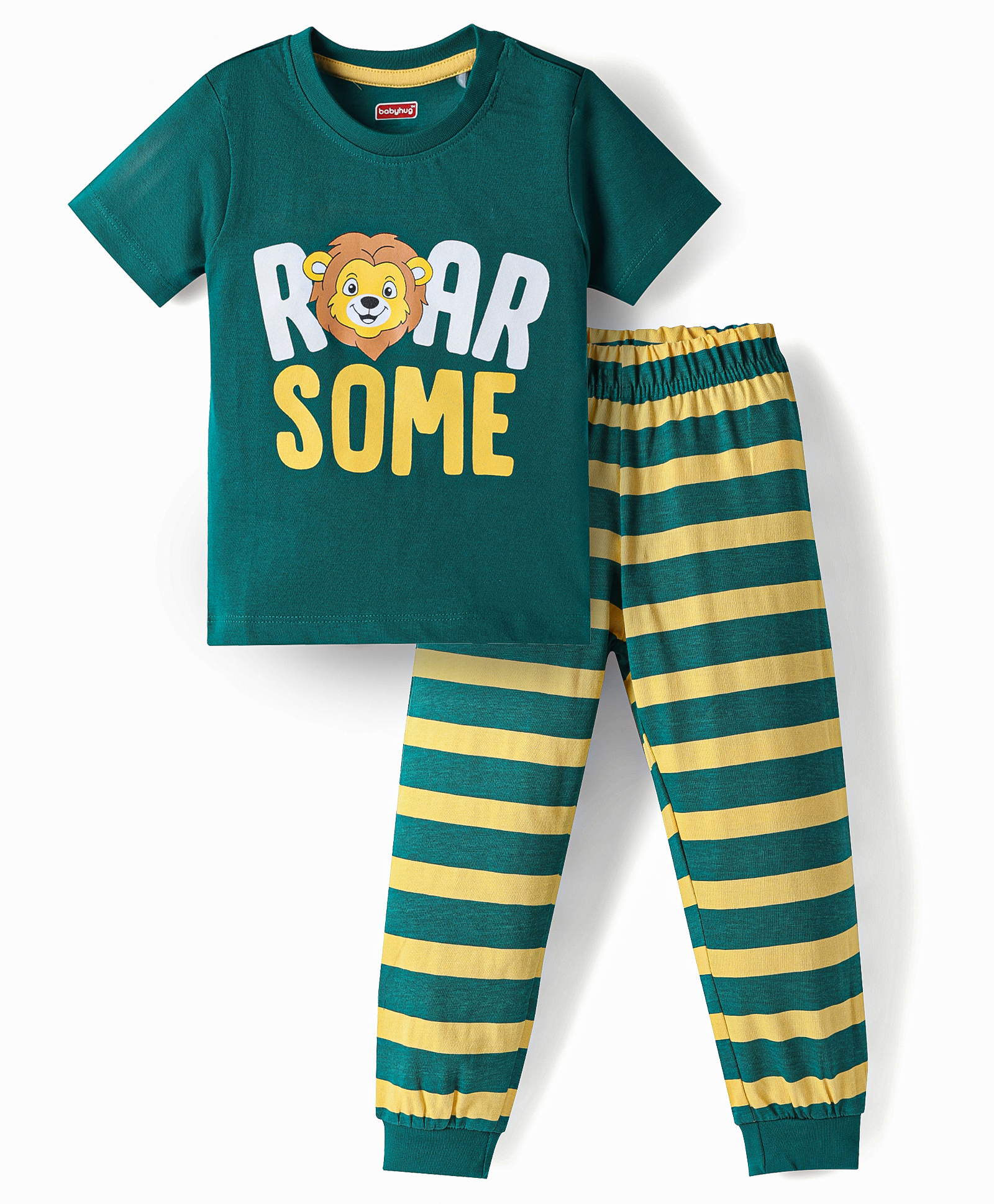 Babyhug Cotton Knit Half Sleeves Tiger Printed & Striped T-Shirt & Pyjama Night Suit - Teal Blue-image-10