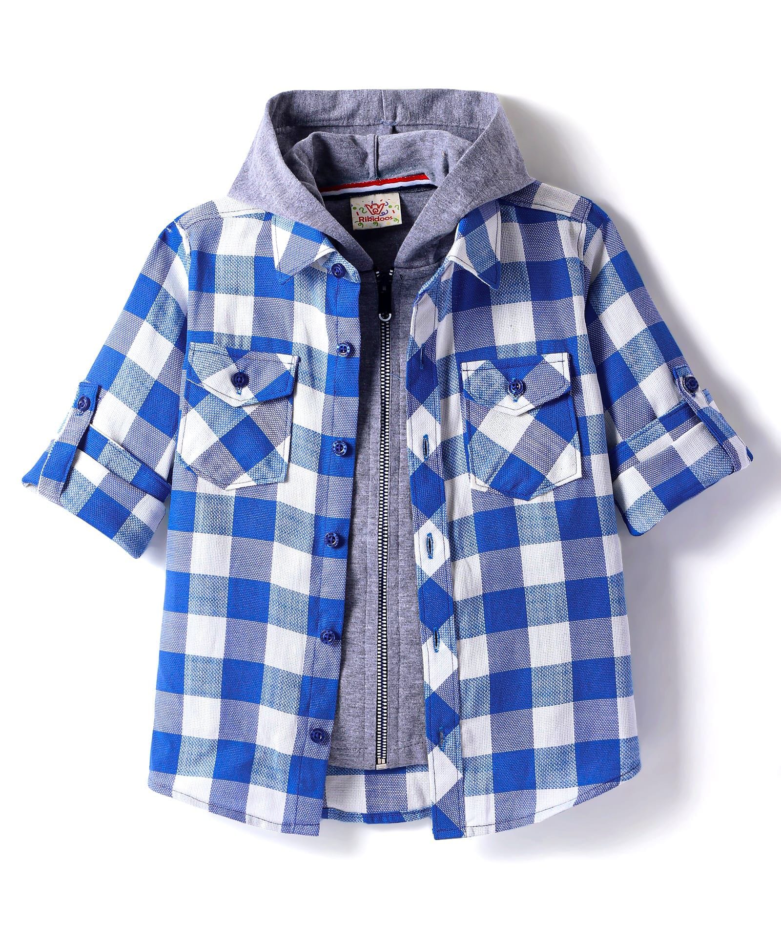 Rikidoos Cotton Woven Shirt with Zipper Attach T-Shirt and Hooded Cap Blue 2-3 Years-image-18