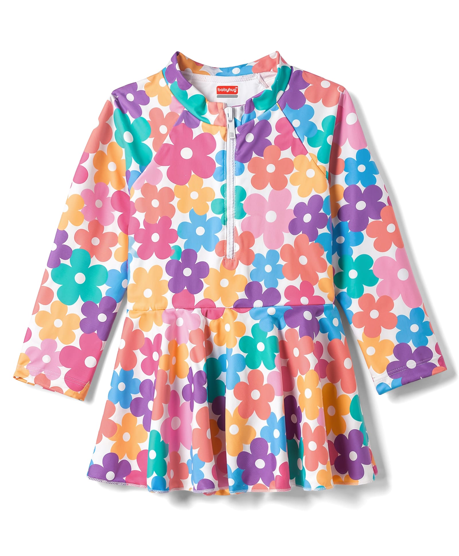 Babyhug Water Repellant Raglan Full Sleeves Frock Swimsuit with Floral Print - Multicolour-picture-14