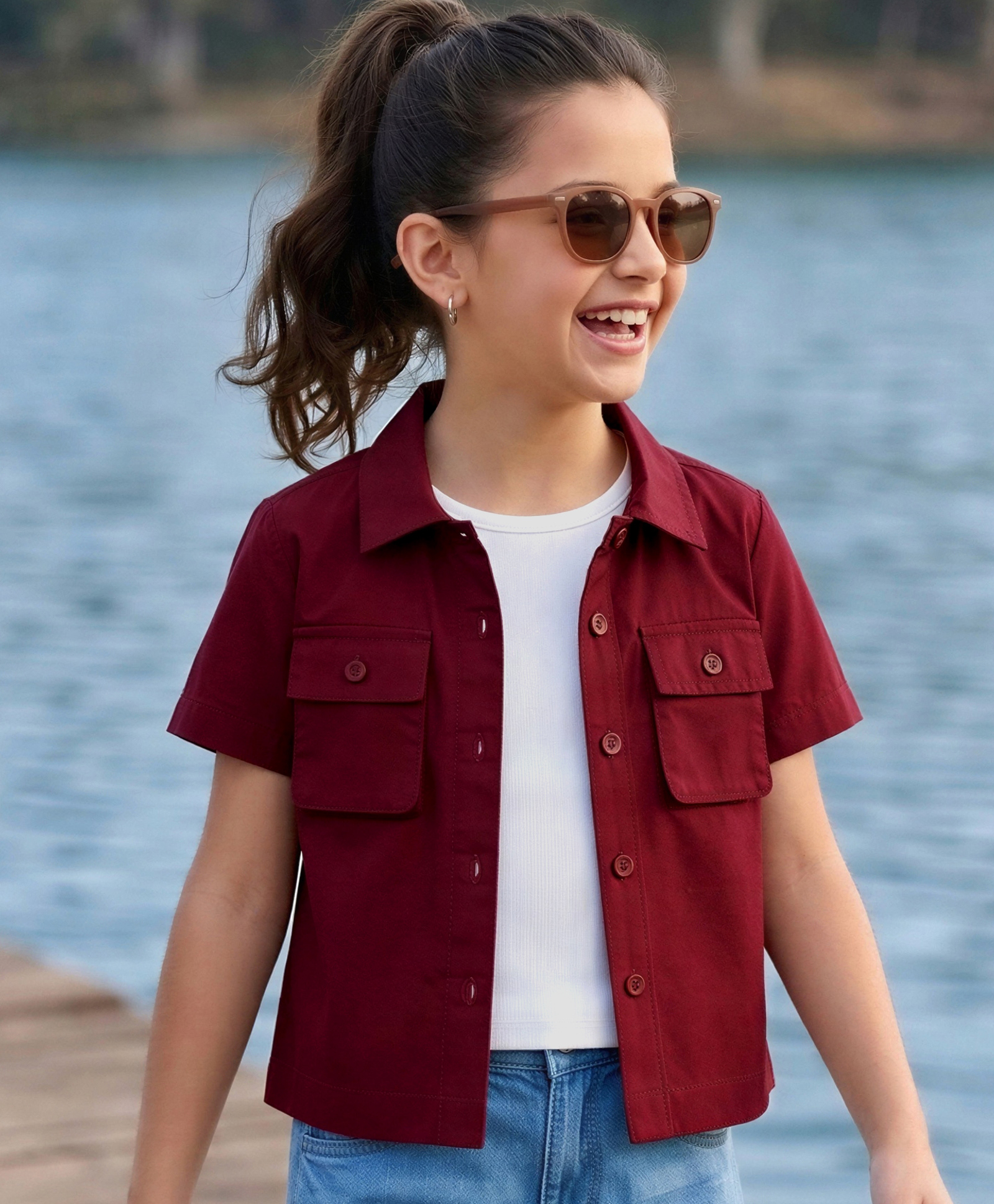 Pine Kids 100% Cotton Woven Half Sleeves Solid Shirt Style Top With Inner Tee - Wine-image-35