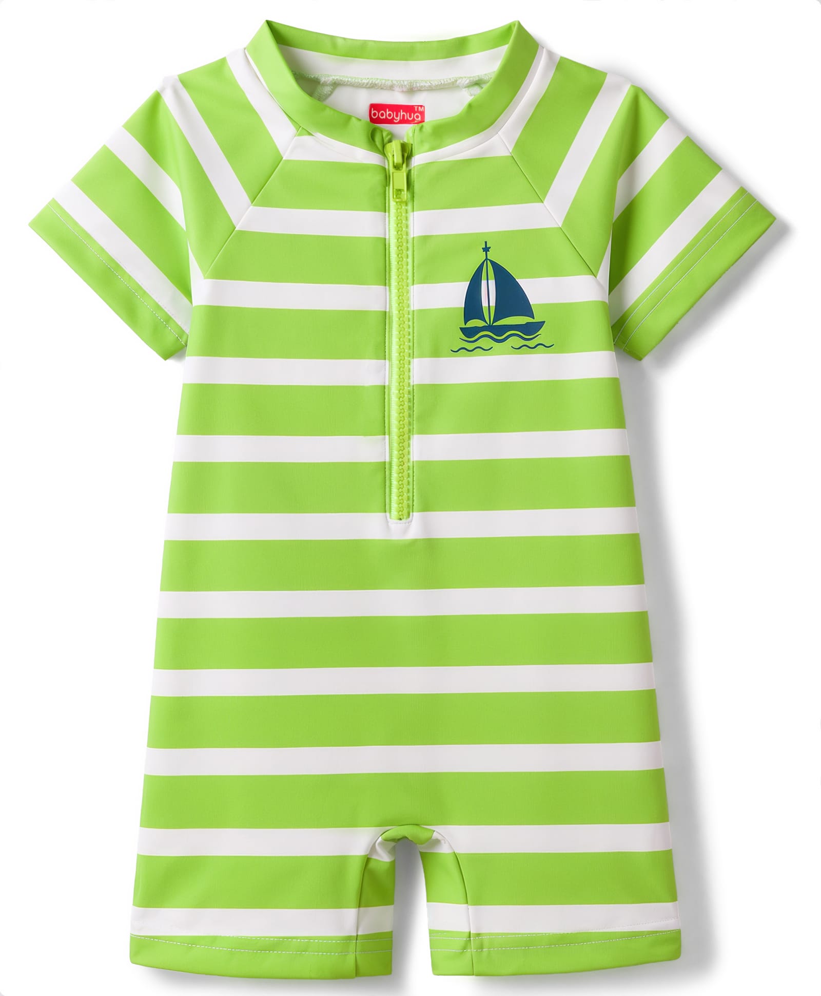 Babyhug Water Repellant Raglan Half Sleeves Stripped Legged Swimsuit Boat Print - Green-image-13