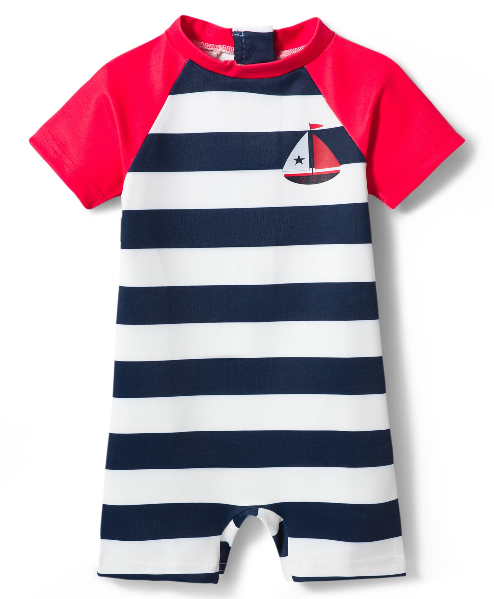 Babyhug Water Repellant Raglan Half Sleeves Stripped Legged Swimsuit Boat Print - Navy-image-14