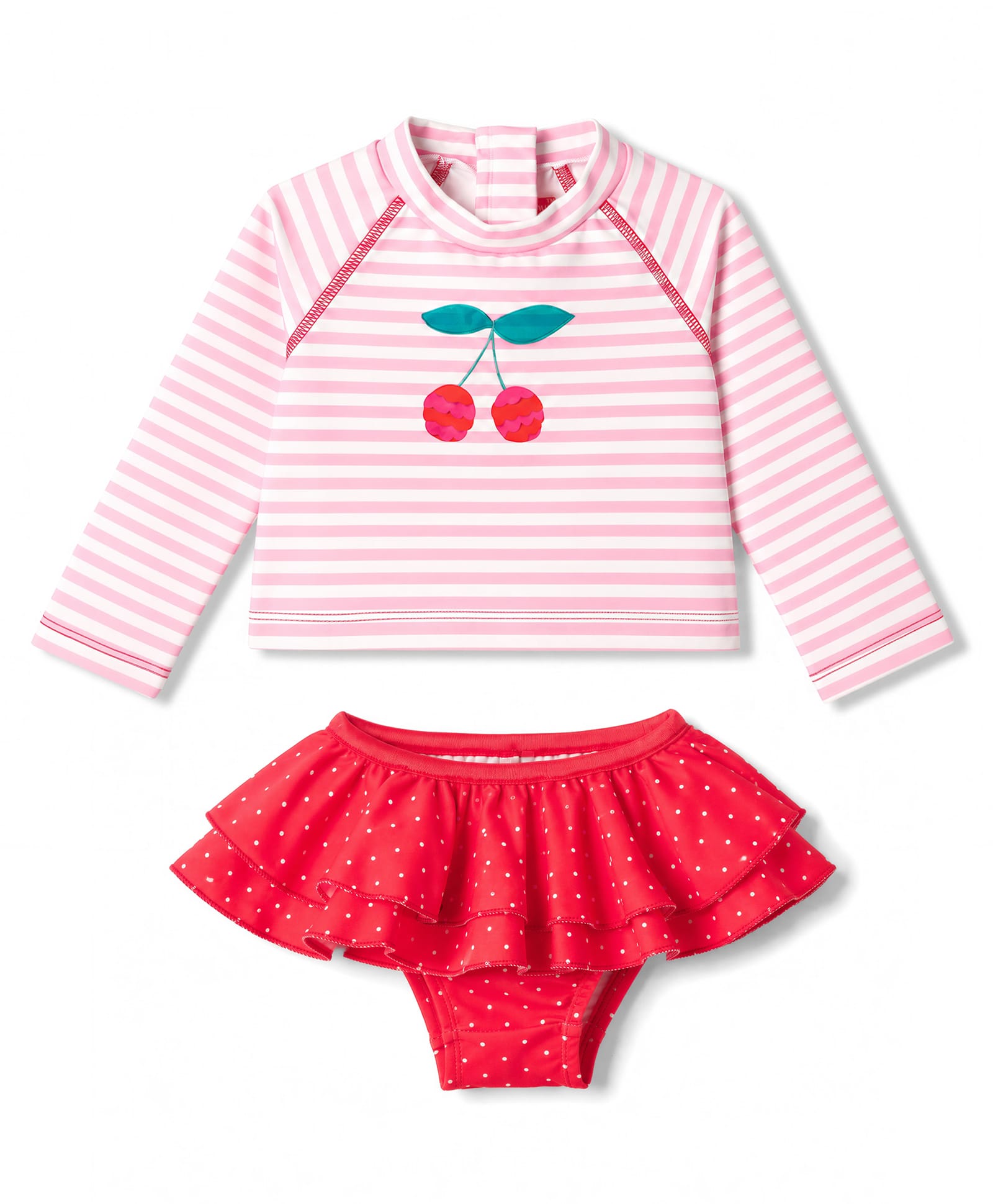 Babyhug Water Repellant Raglan Full Sleeves Two Piece Swimsuit with Stripes & Cherry Print - Red-image-28