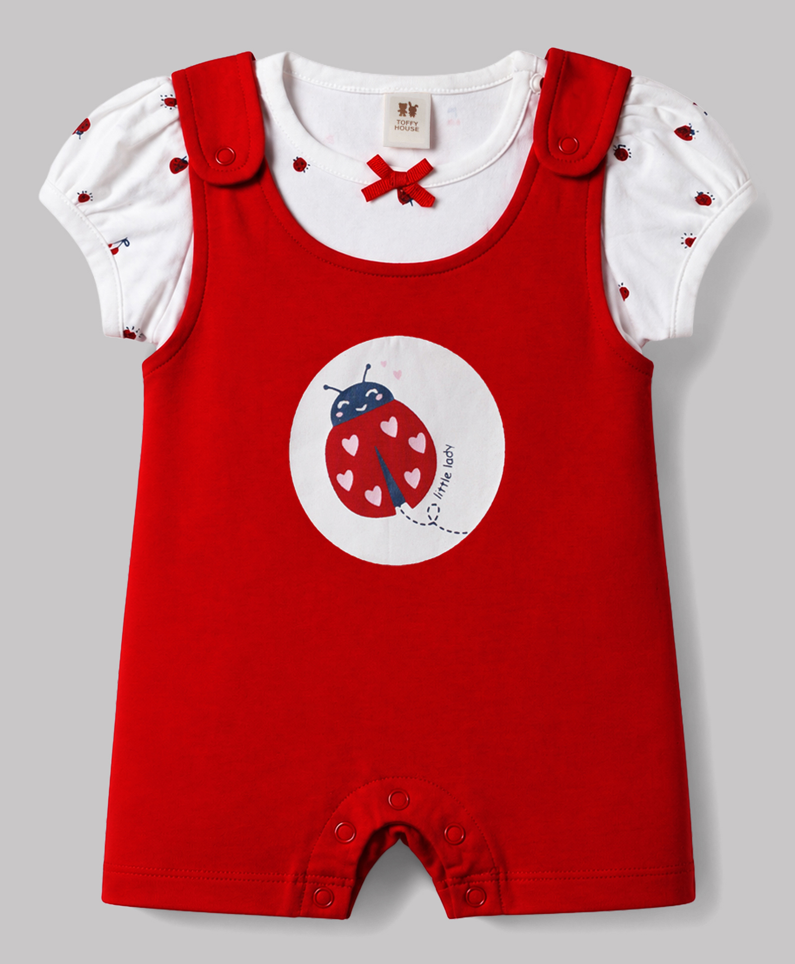 ToffyHouse Cotton Woven Dungaree & Half Sleeves Inner Tee with Ladybug Print - Red-picture-20