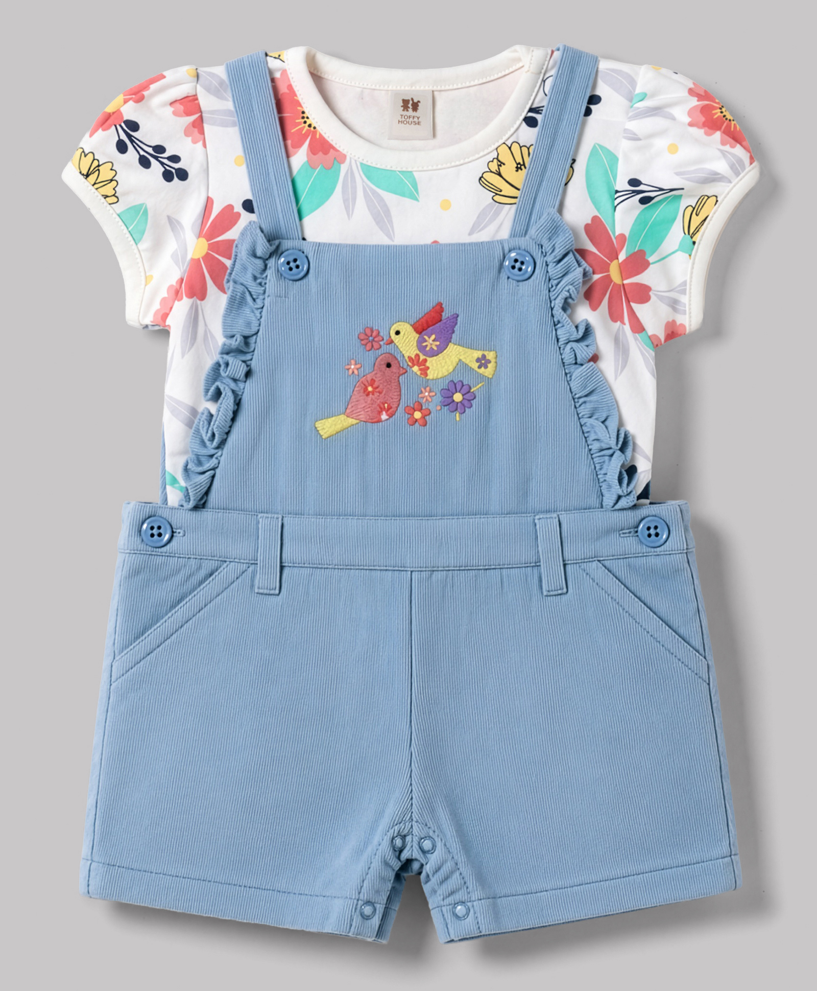 ToffyHouse Cotton Woven Dungaree & Half Sleeves Inner Tee with Floral Print & Bird Embroidery - Light Blue-picture-14