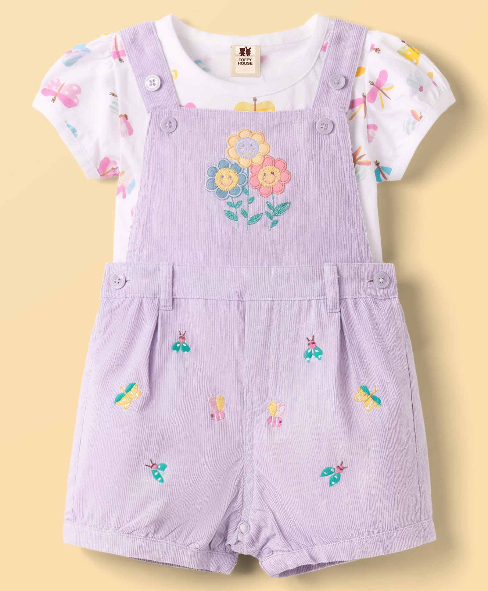 ToffyHouse Cotton Woven Dungaree & Half Sleeves Inner Tee with Butterfly Print & Floral Embroidery - Mauve-picture-11