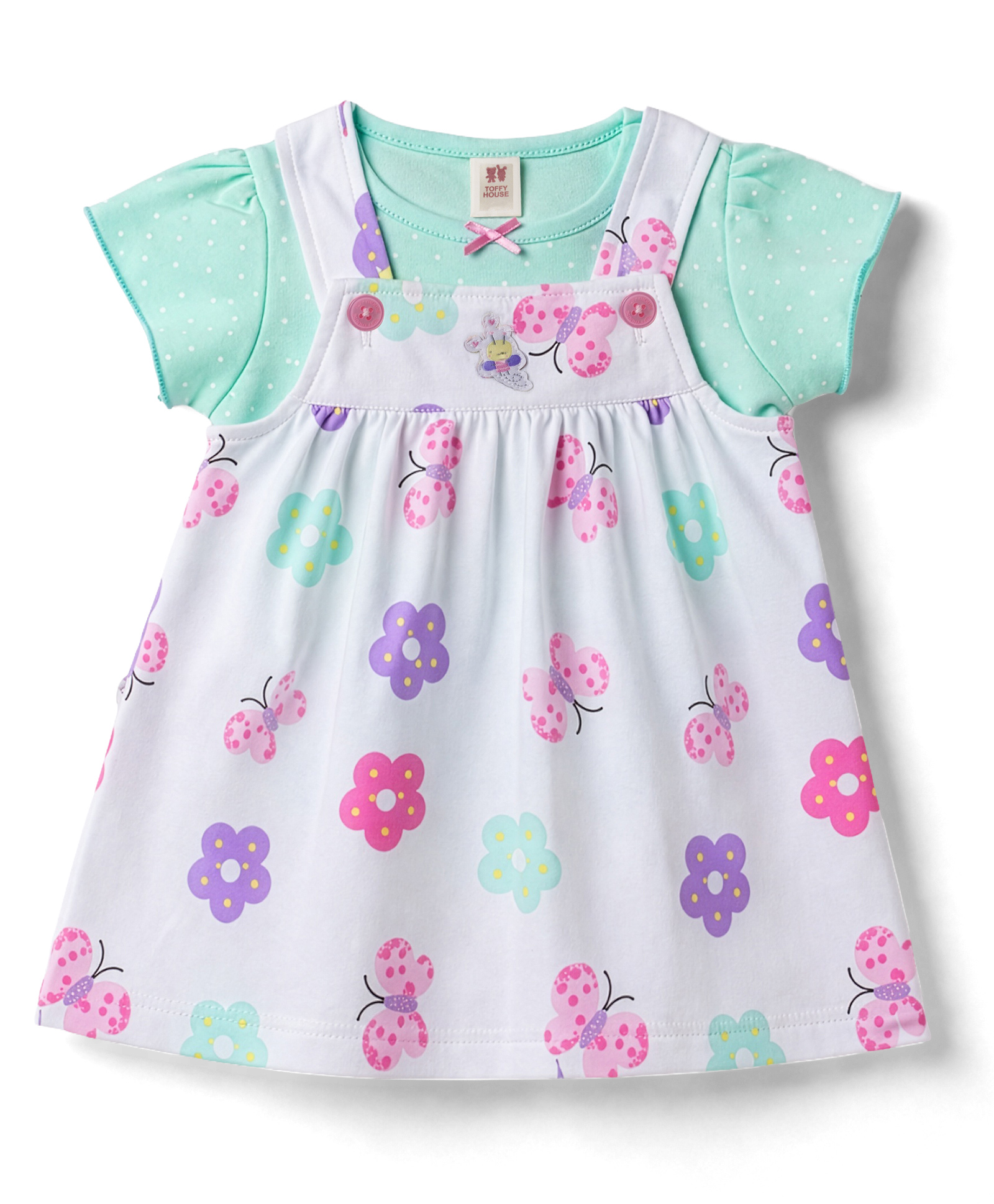 ToffyHouse Knitted Half Sleeves Polka Dots & Floral Printed Dungaree With Inner Tee - White-picture-27