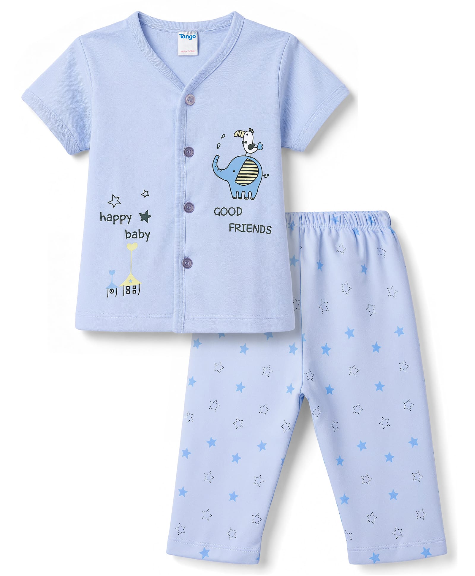 Tango Interlock Knit Half Sleeves T-Shirt & Pyjama Night Suit With Animal & Star Print - Sky Blue-image-39
