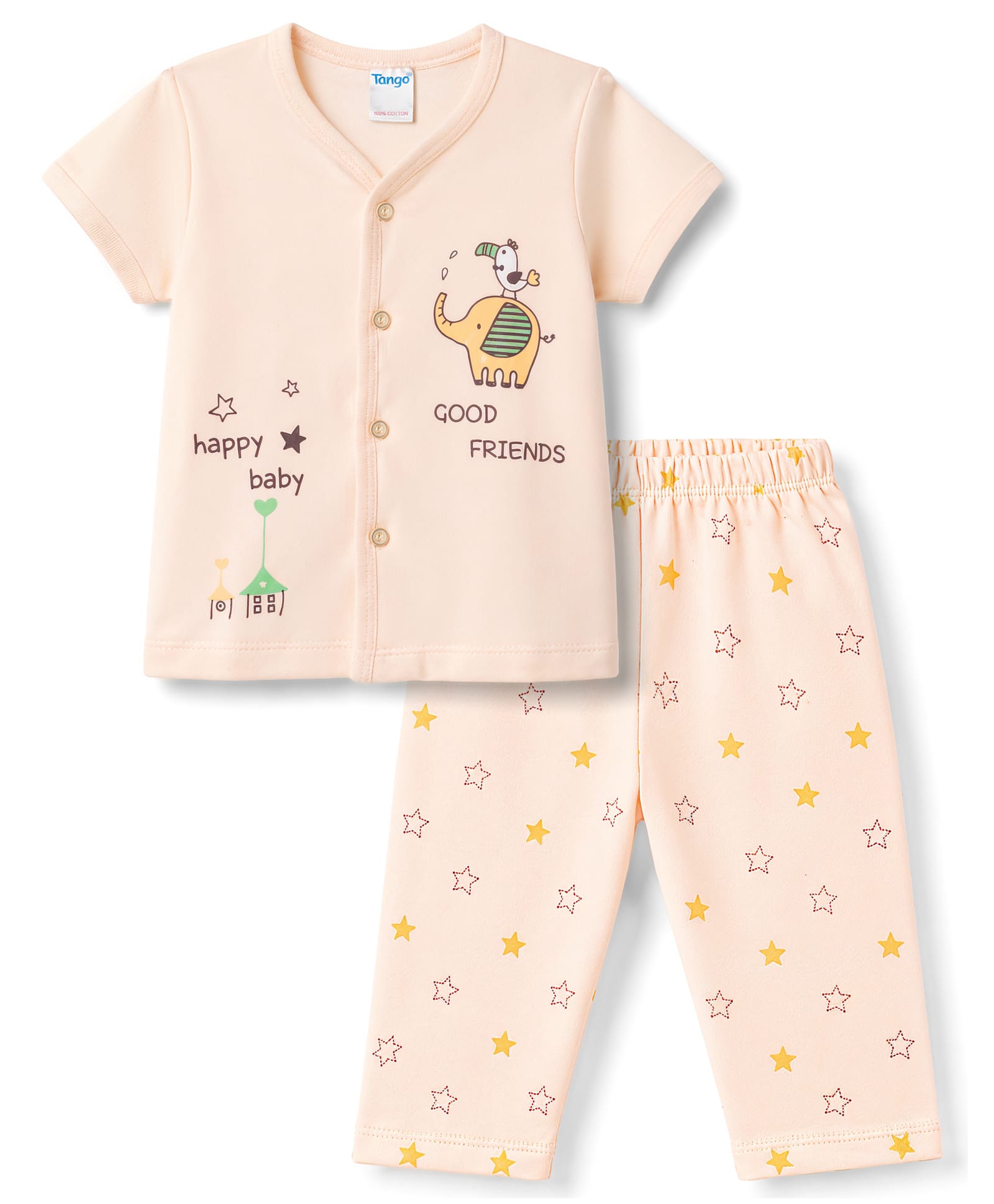 Tango Interlock Knit Half Sleeves T-Shirt & Pyjama Night Suit With Animal & Star Print - Cream-picture-14
