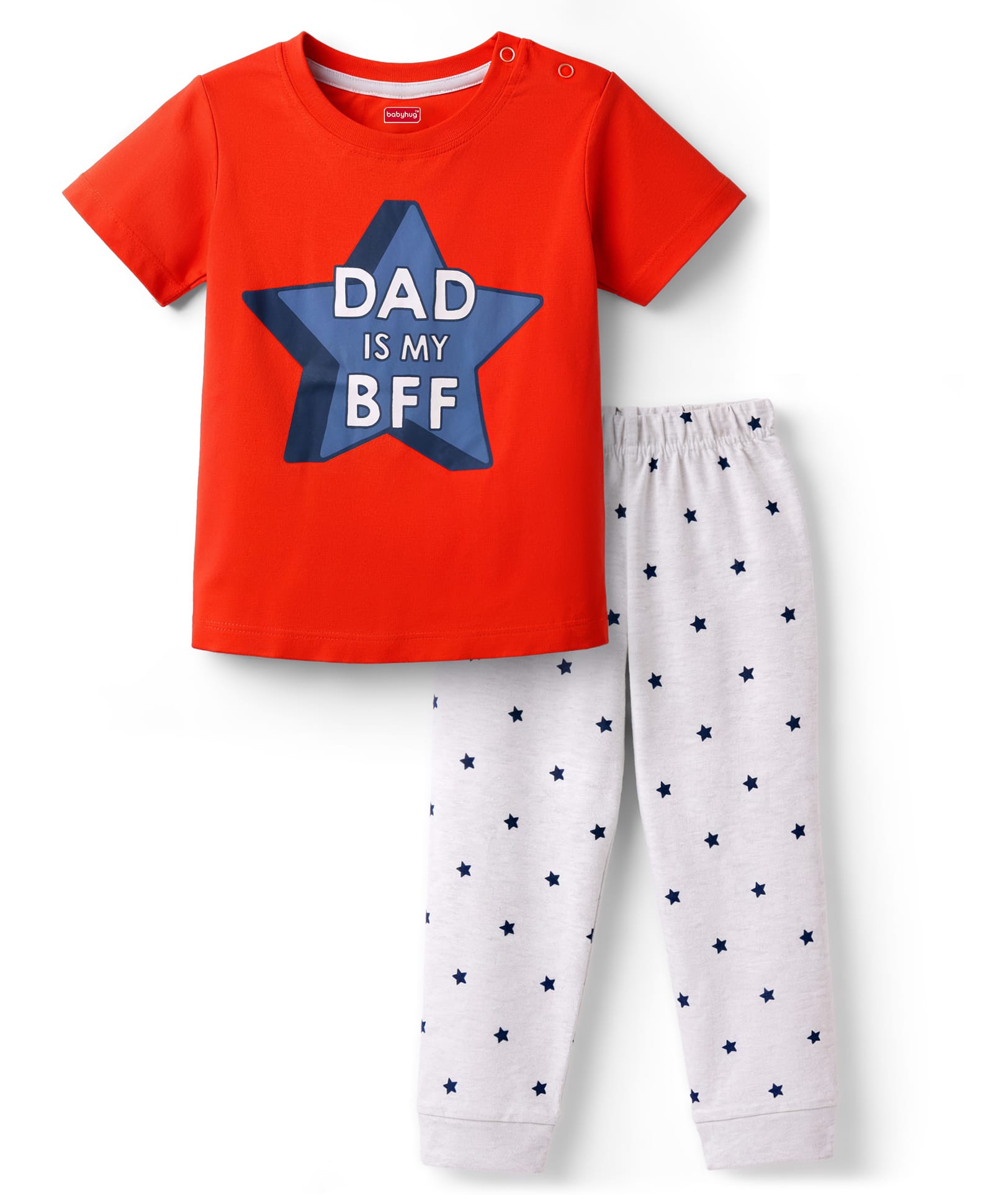 Babyhug Cotton Knit Half Sleeves T-Shirt & Pyjama Night Suit With Star & Text Print - Red-image-49