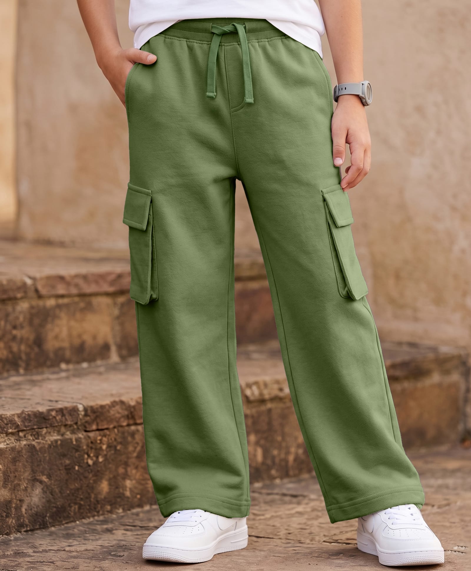 Pine Kids Cotton Knit Full Length Solid Track Pant With Pockets - Olive Green-picture-17