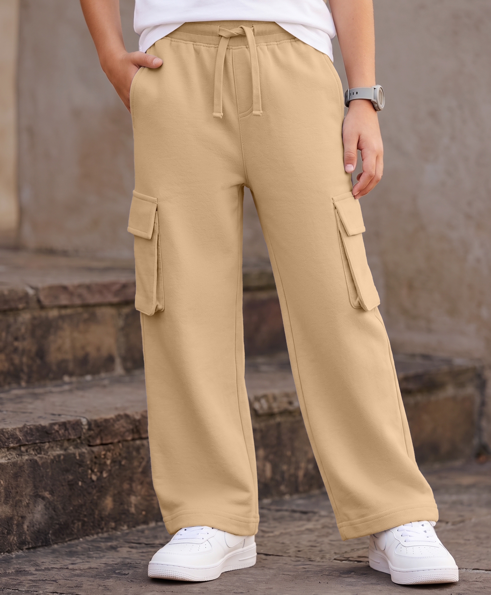 Pine Kids Cotton Knit Full Length Solid Track Pant With Pockets - Beige-picture-16