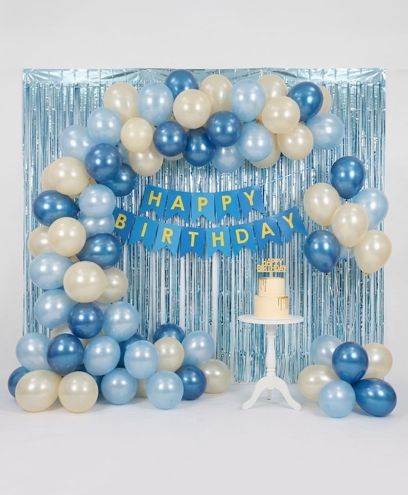 fab n funky Happy Birthday Combo Pack Blue - 44 Pcs| Includes 1 Acrylic Cake Topper & Arch, Happy Birthday Banner, 2 Pcs Fringe Curtain's Blue & 40 Pcs Balloon's | Birthday Decoration Kit-picture-12