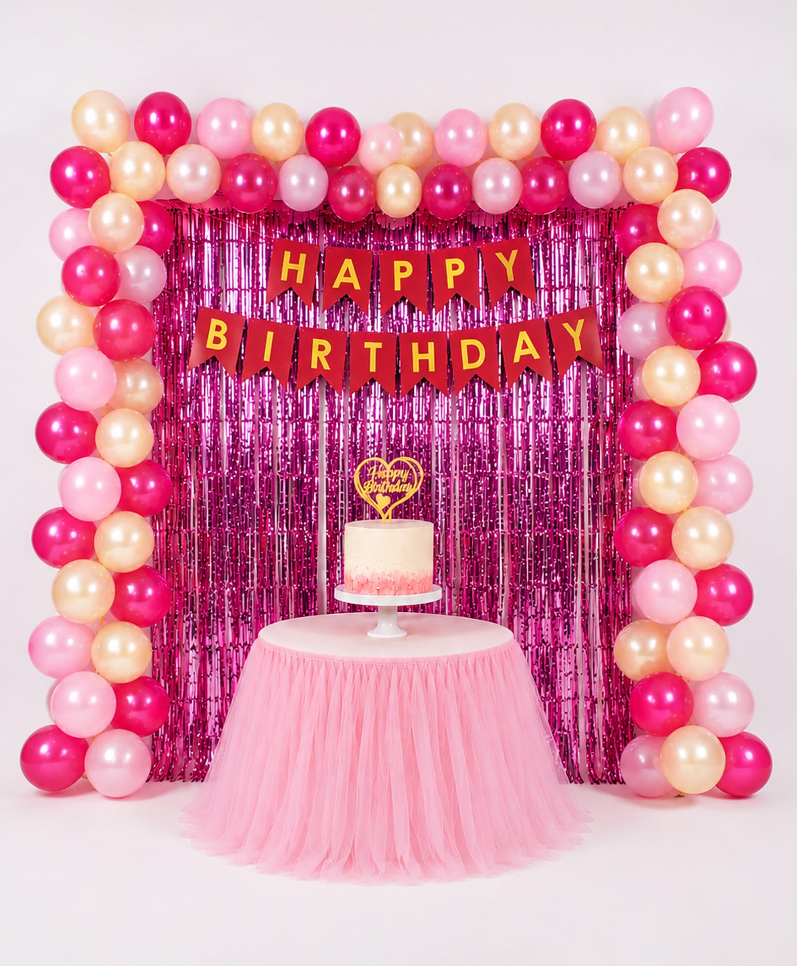 Happy Birthday Combo Pack Pink - 44 Pcs| Includes 1 Acrylic Cake Topper & Arch, Happy Birthday Banner, 2 Pcs Fringe Curtain's Blue & 40 Pcs Balloon's| Birthday Decoration Kit-image-16