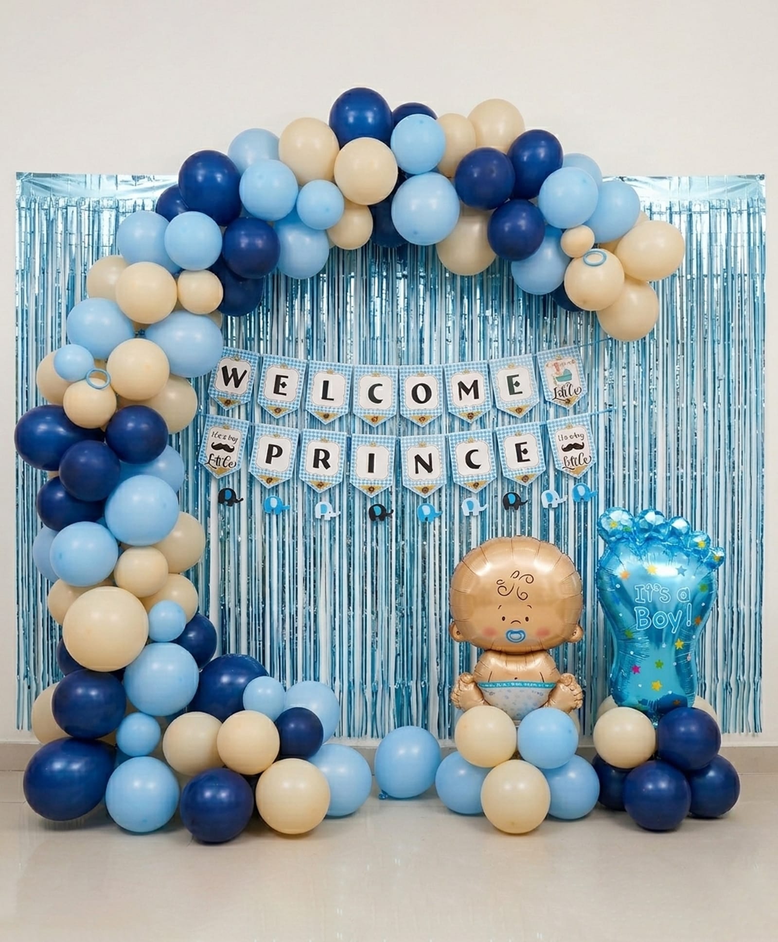fab n funky WELCOME Prince Combo Pack - 46 Pcs| Includes Inflatble Foil Baby & Foil Baby Foot| Welcome Prince Banner & 2 Pcs Fringe Curtain's Blue| 40 pcs Balloons-picture-21