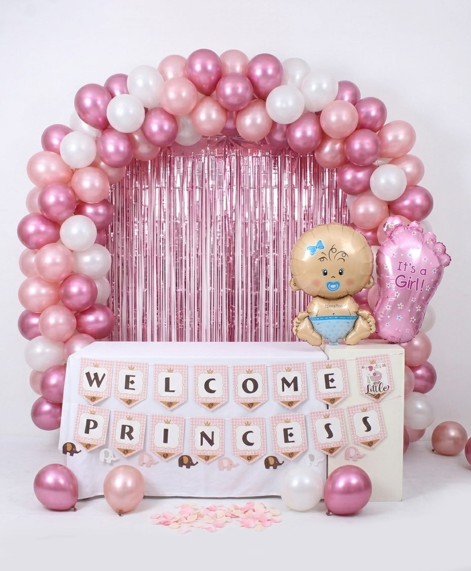 WELCOME Princess Combo Pack - 46 Pcs| Includes Inflatable Foil Baby & Foil Baby Foot| Welcome Prince Banner & 2 Pcs Fringe Curtain's Pink| 40 pcs Balloons-image-17
