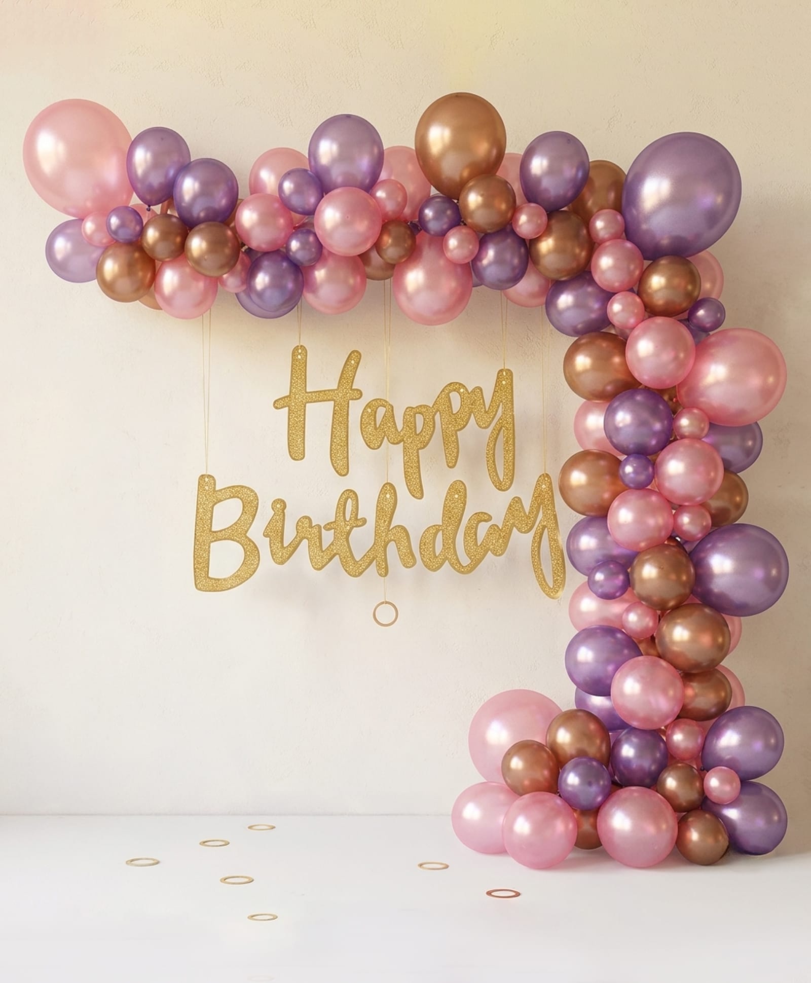 fab n funky Happy Birthday Combo Pack of 59| Includes Happy Birthday Banner, Glue Dot Roll, Rose Gold Metallic Balloons, Pink & Purple Balloons| Birth Day Decoration Kit-picture-14