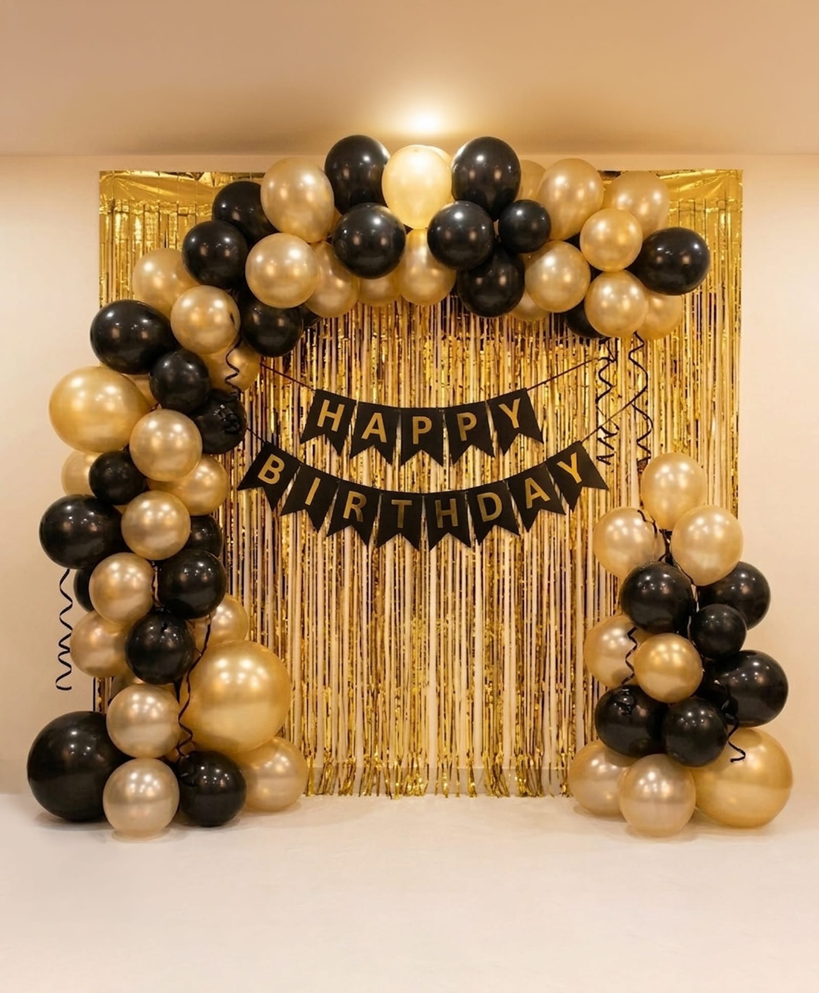 fab n funky Happy Birthday Combo Pack Black & Gold - Pack Of 44| 40 Pcs Balloons, 2 pcs Curtain, 1pcs Birthday Banner, 1 Pcs Cake Topper| Birth Day Decoration Kit-picture-22