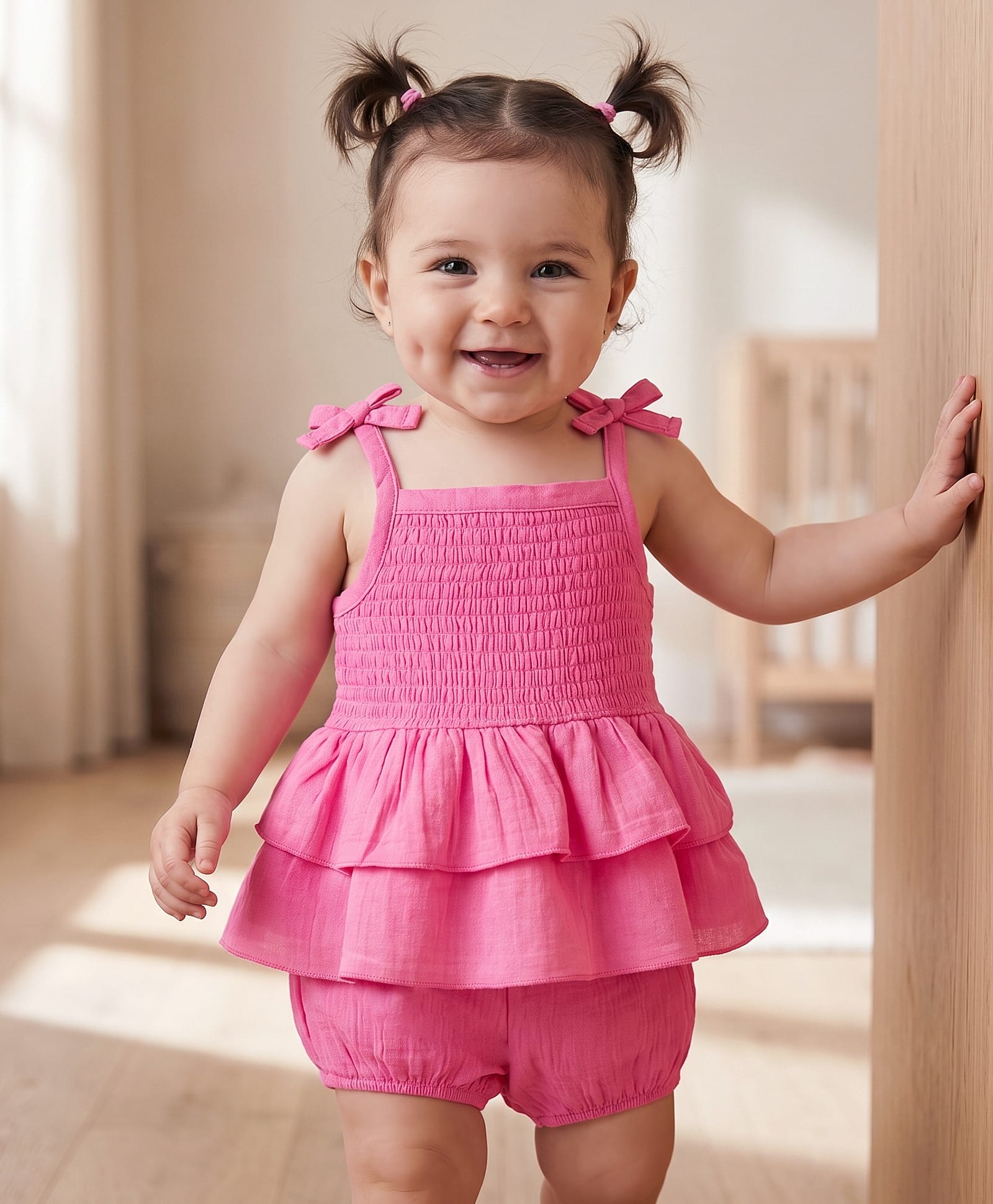 Babyoye Cotton Woven Sleeveless Solid Colour Top & Shorts Set with Smocking Detailing - Pink-image-46