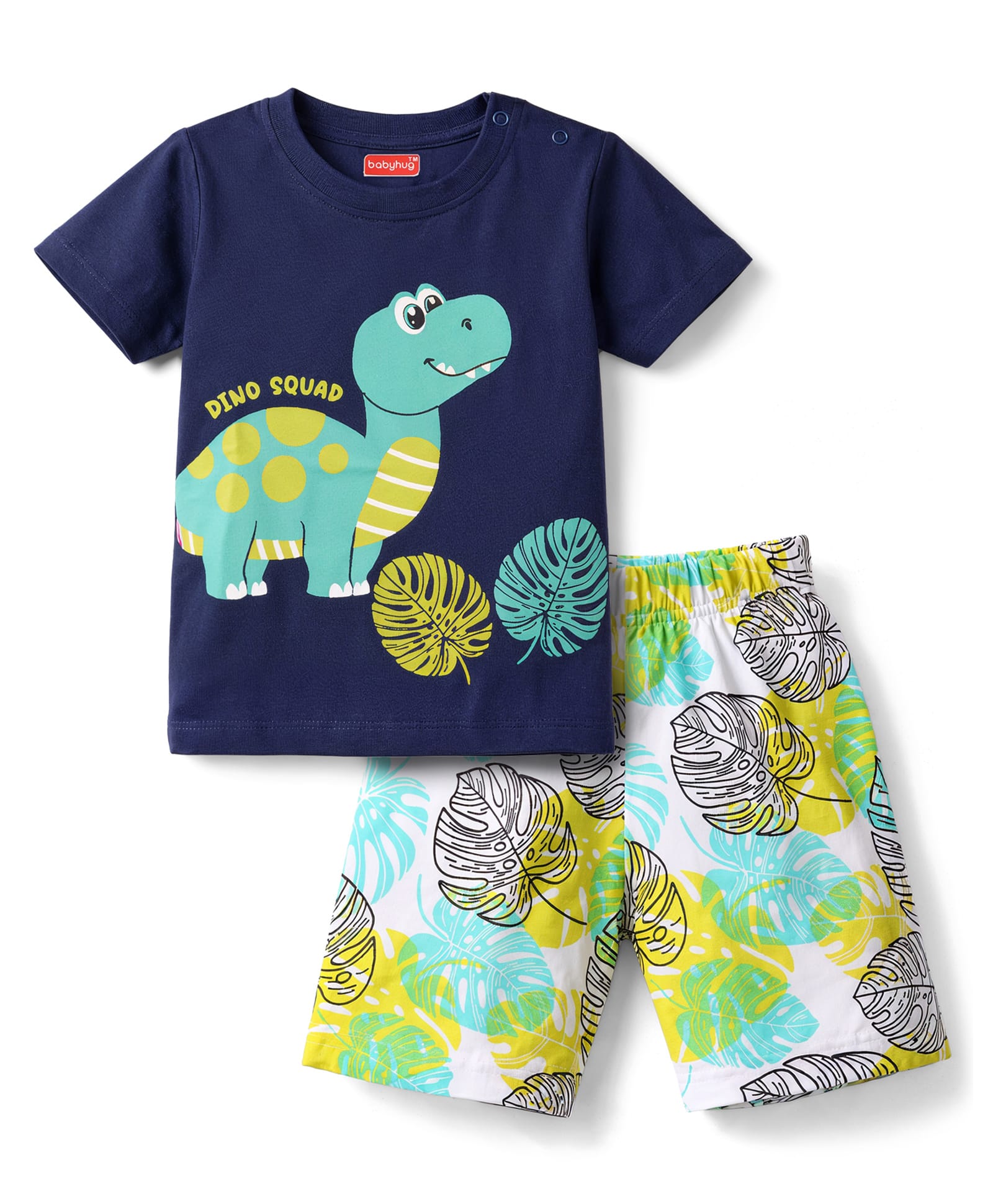 Babyhug Cotton Knit Half Sleeves T-Shirt & Shorts Night Suit With Leaf & Dino Print - Blue-image-35