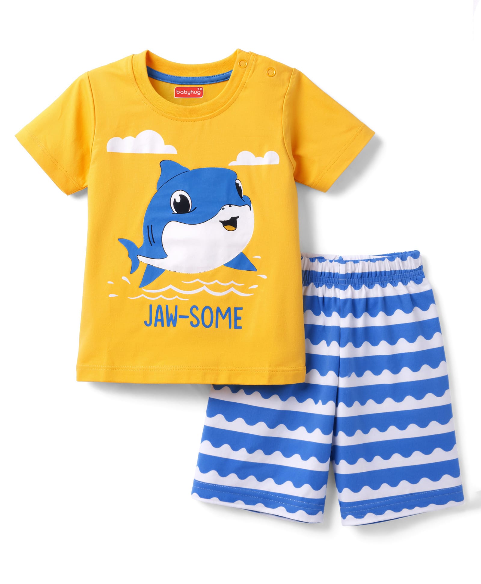 Babyhug Cotton Knit Half Sleeves Sea Life Printed & Striped T-Shirt & Shorts Night Suit - Orange-image-46