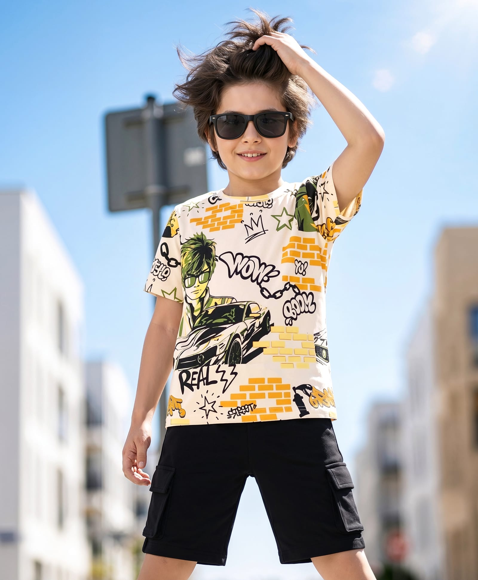 OLLINGTON ST. Cotton Knit Vehicles & Text Printed Half Sleeve T-Shirt & Shorts -Multicolour & Black-image-20
