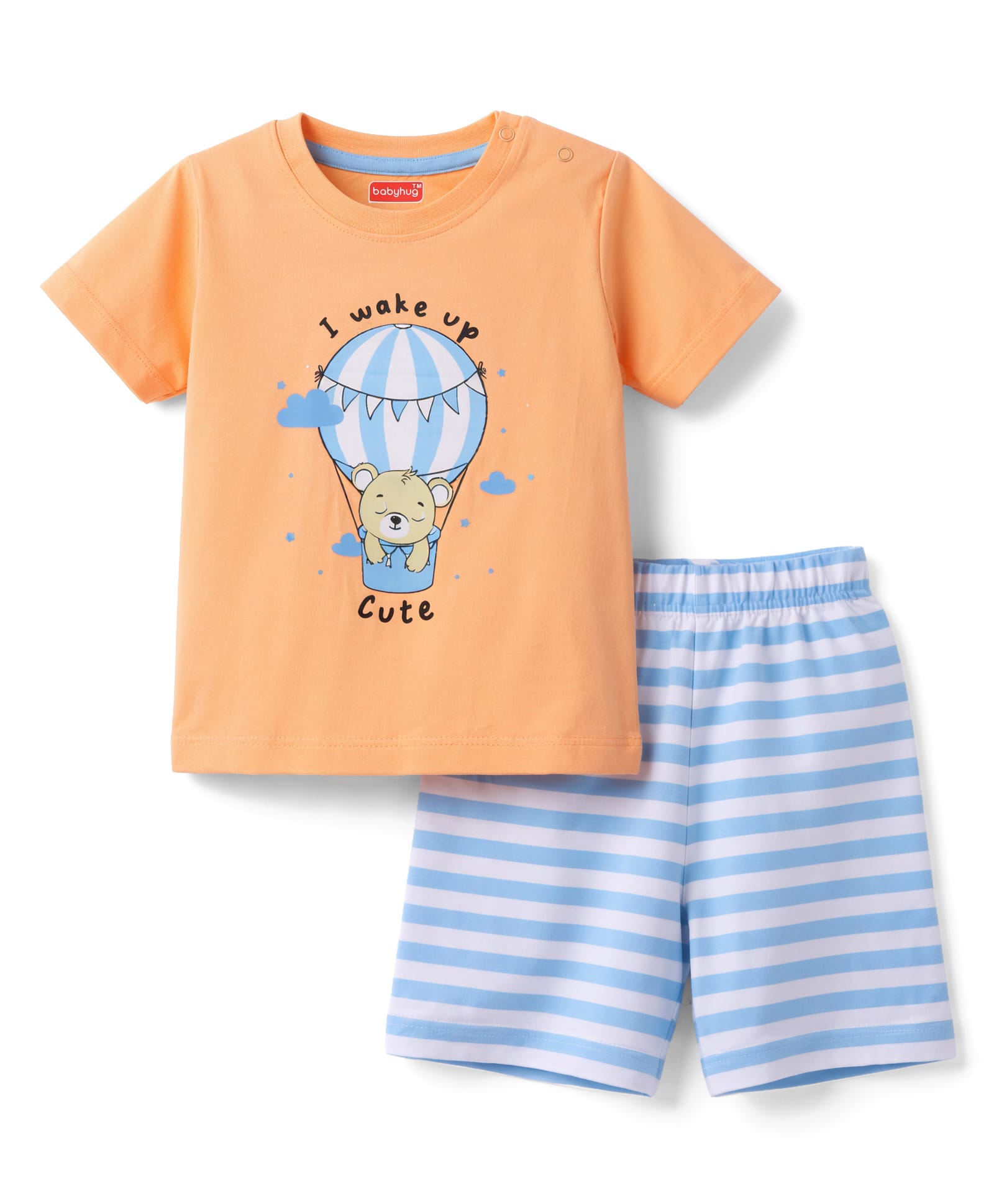 Babyhug Cotton Knit Half Sleeves T-Shirt & Striped Shorts Night Suit With Teddy Bear & Hot Air Balloon Print - Orange-image-9