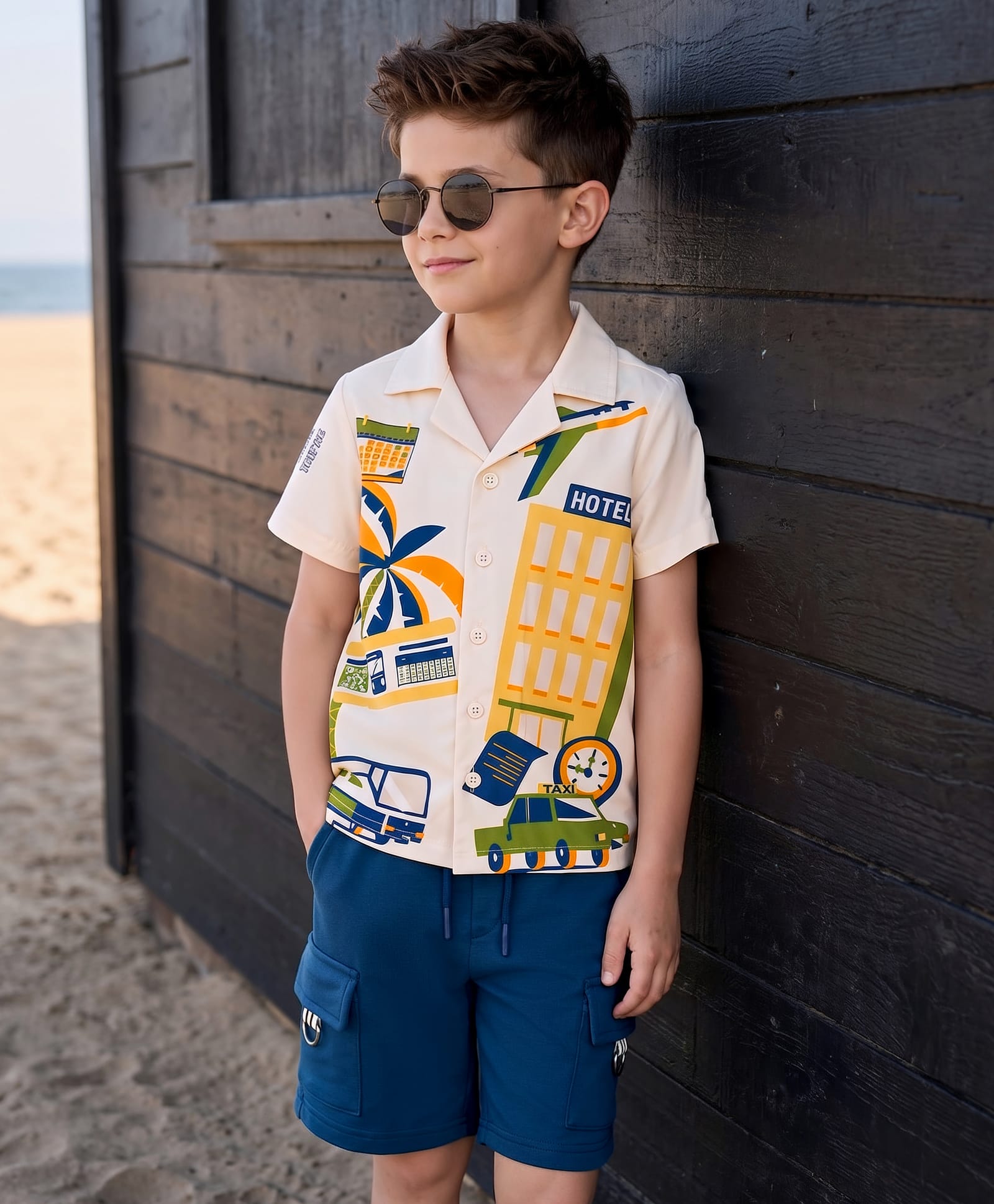 OLLINGTON ST. Cotton Knit Half Sleeve Resort Collar Printed Shirt & Shorts Set -Multicolour & Teal-image-25
