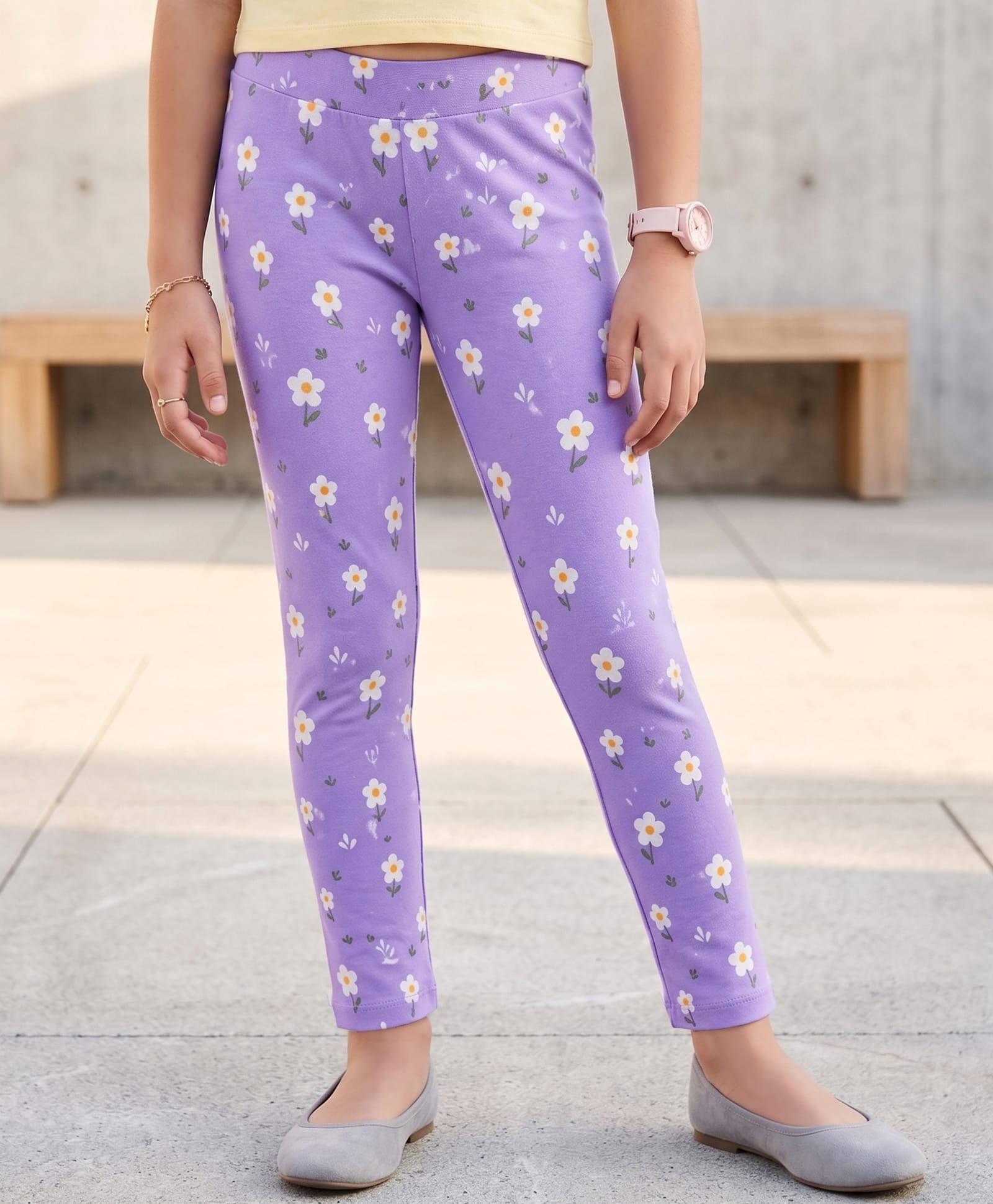 Pine Kids Cotton Lycra Knit Full Length Leggings with Floral Print - Lavender-picture-5