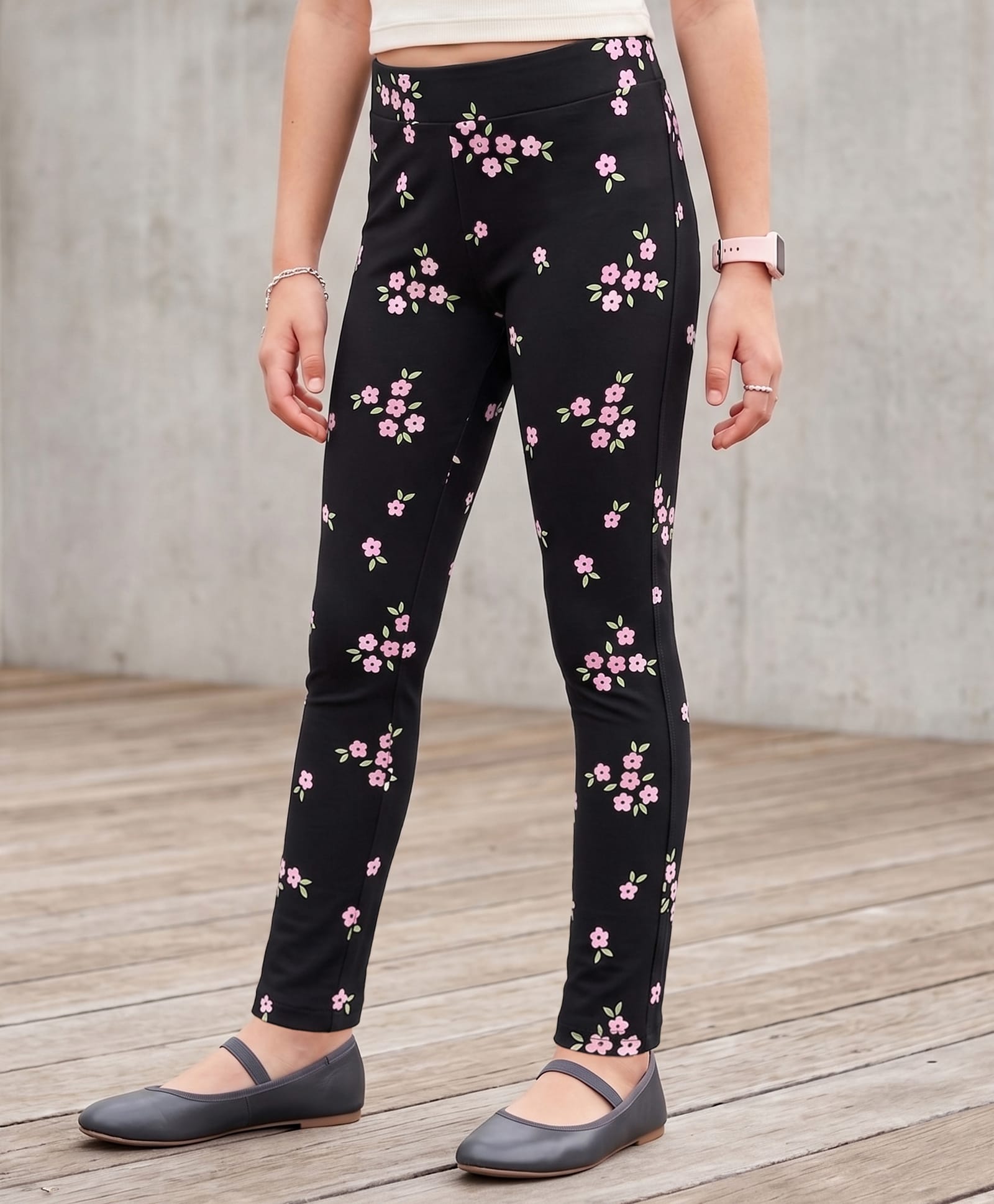 Pine Kids Cotton Lycra Knit Full Length Floral Printed Leggings With Stretch - Black-picture-11