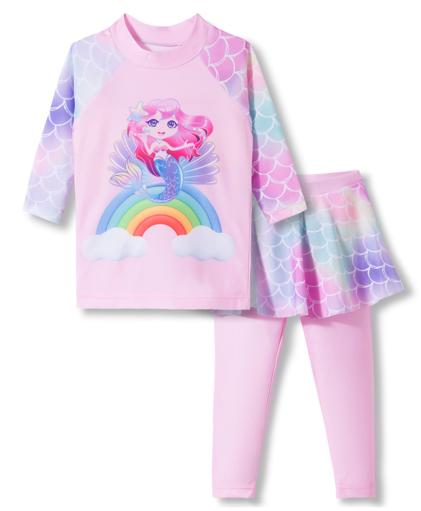 KIDLINGSS Full Raglan Sleeves Mermaid Printed 2 Piece Top & Leggings With Attached Skirt - Pink-picture-20