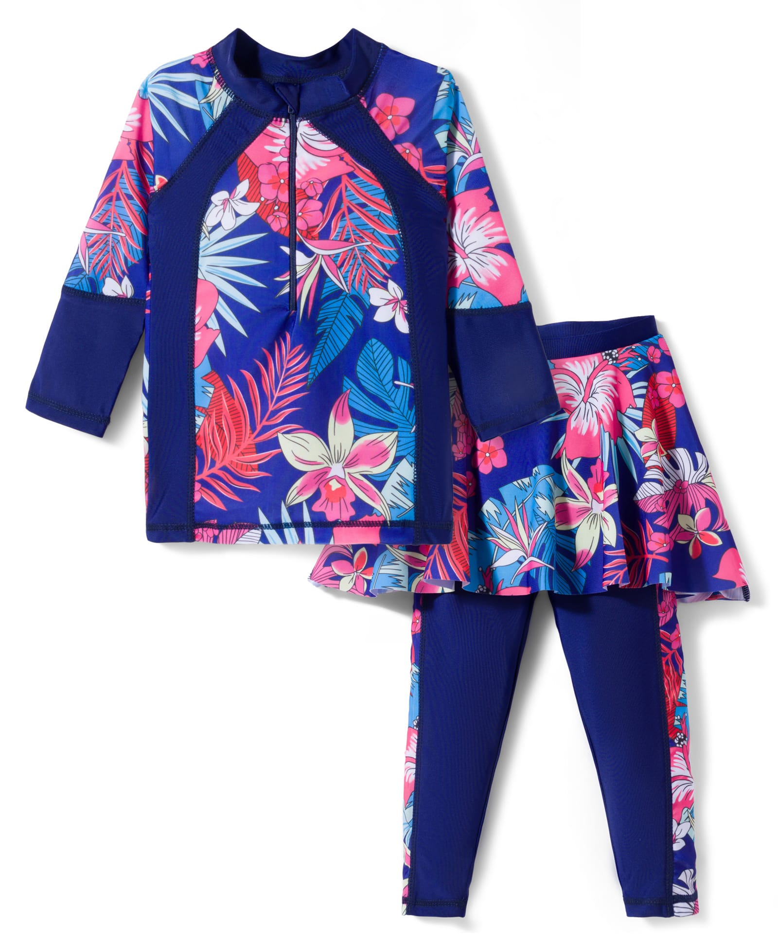 KIDLINGSS Full Raglan Sleeves Floral Printed 2 Piece Top & Leggings With Attached Skirt - Navy Blue-picture-16
