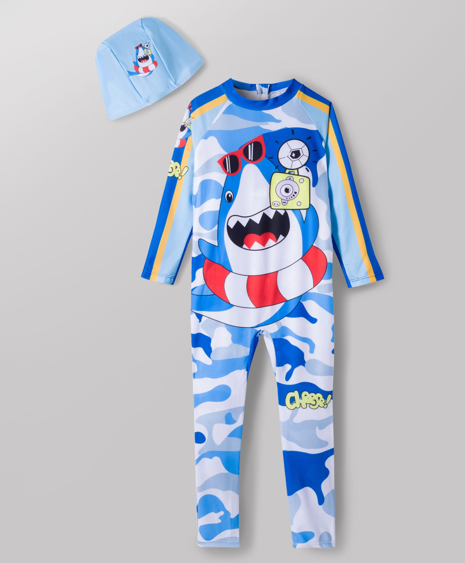 KIDLINGSS Full Sleeves Shark Designed Legged Swimsuit With Cap - Blue-picture-23