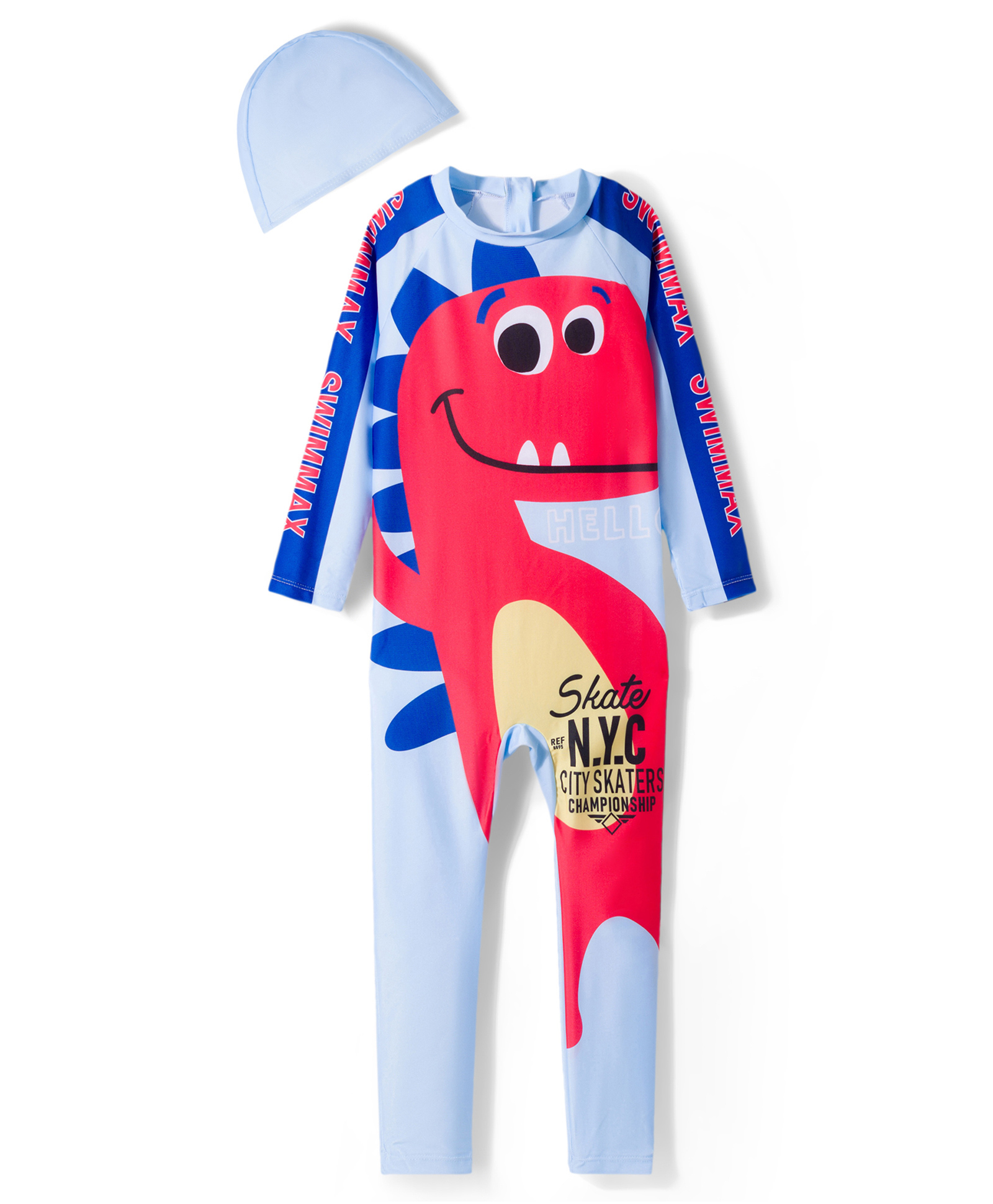 KIDLINGSS Full Sleeves Dinosaur Printed Legged Swimsuit With Cap - Blue & Red-image-28