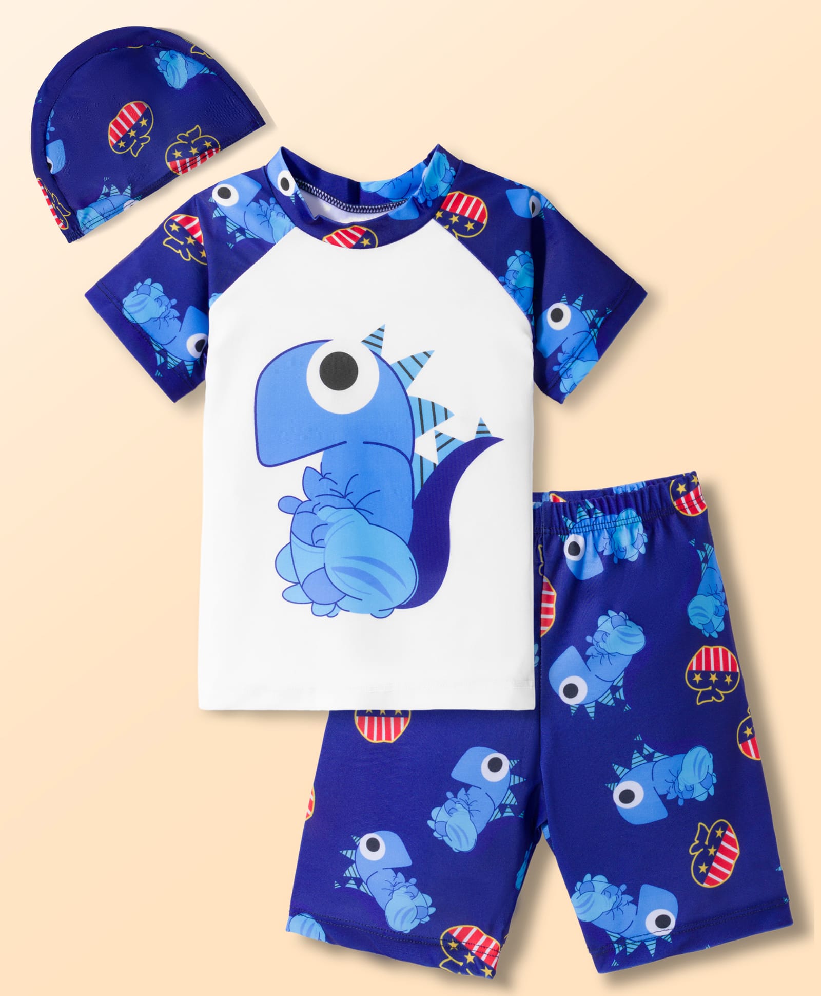 KIDLINGSS Half Sleeves Dinosaur Printed 2 Piece Swimsuit With Cap Set - White-picture-22