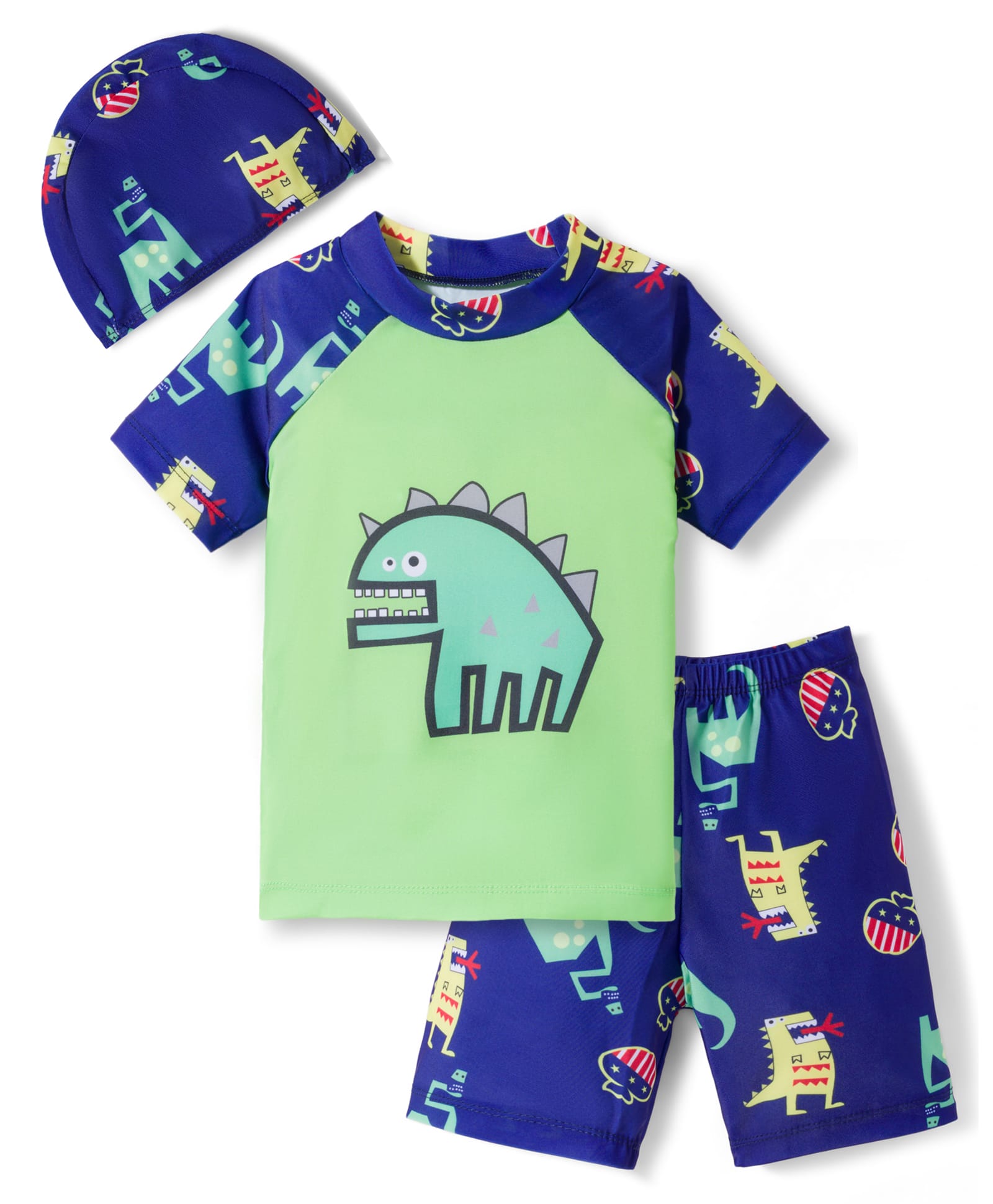 KIDLINGSS Half Sleeves Dinosaur Printed 2 Piece Swimsuit With Cap Set - Green-image-43