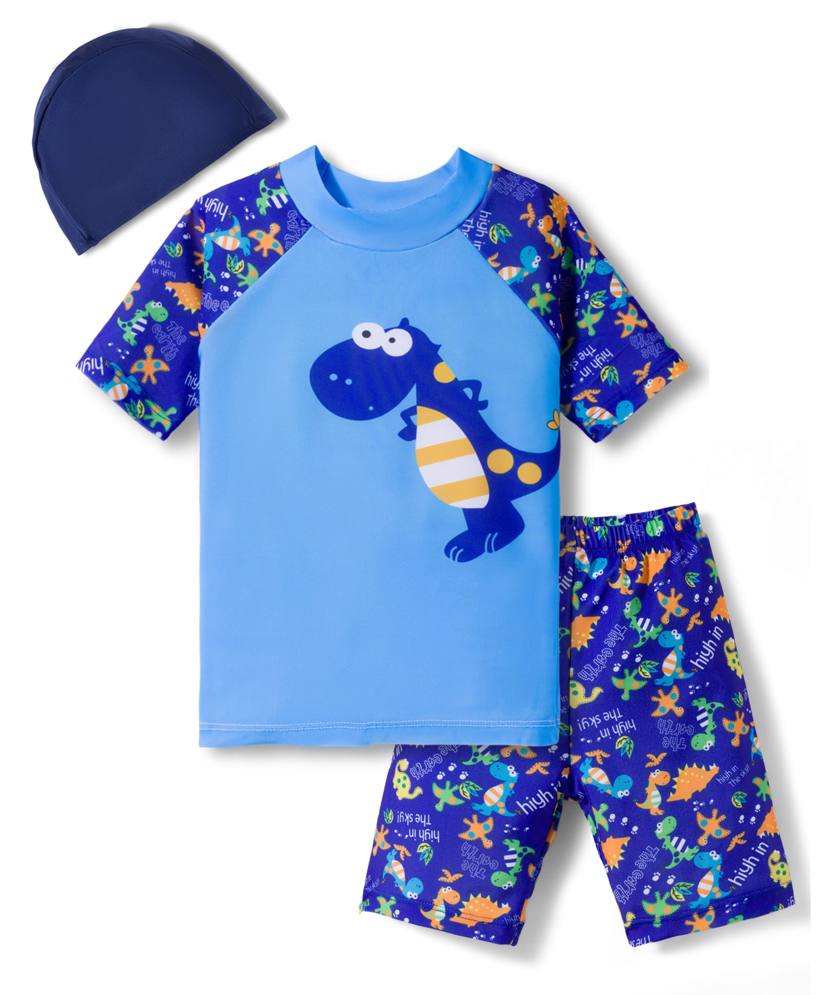 KIDLINGSS Half Sleeves Dinosaur Printed 2 Piece Swimsuit With Cap Set - Blue-image-32