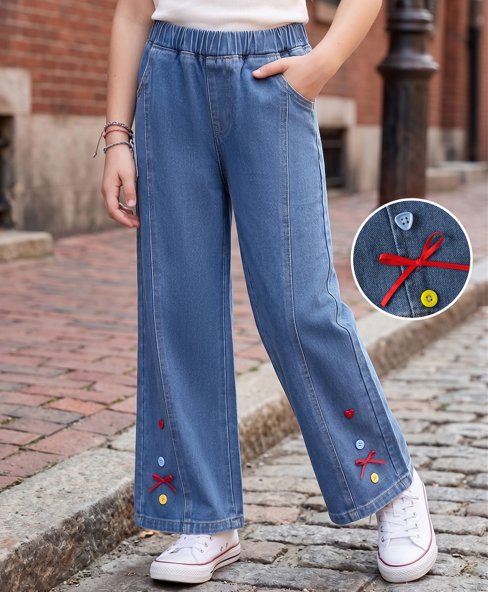 Mark & Mia Full Length Cut N Sew Washed Jeans With Bow Applique - Blue-picture-16